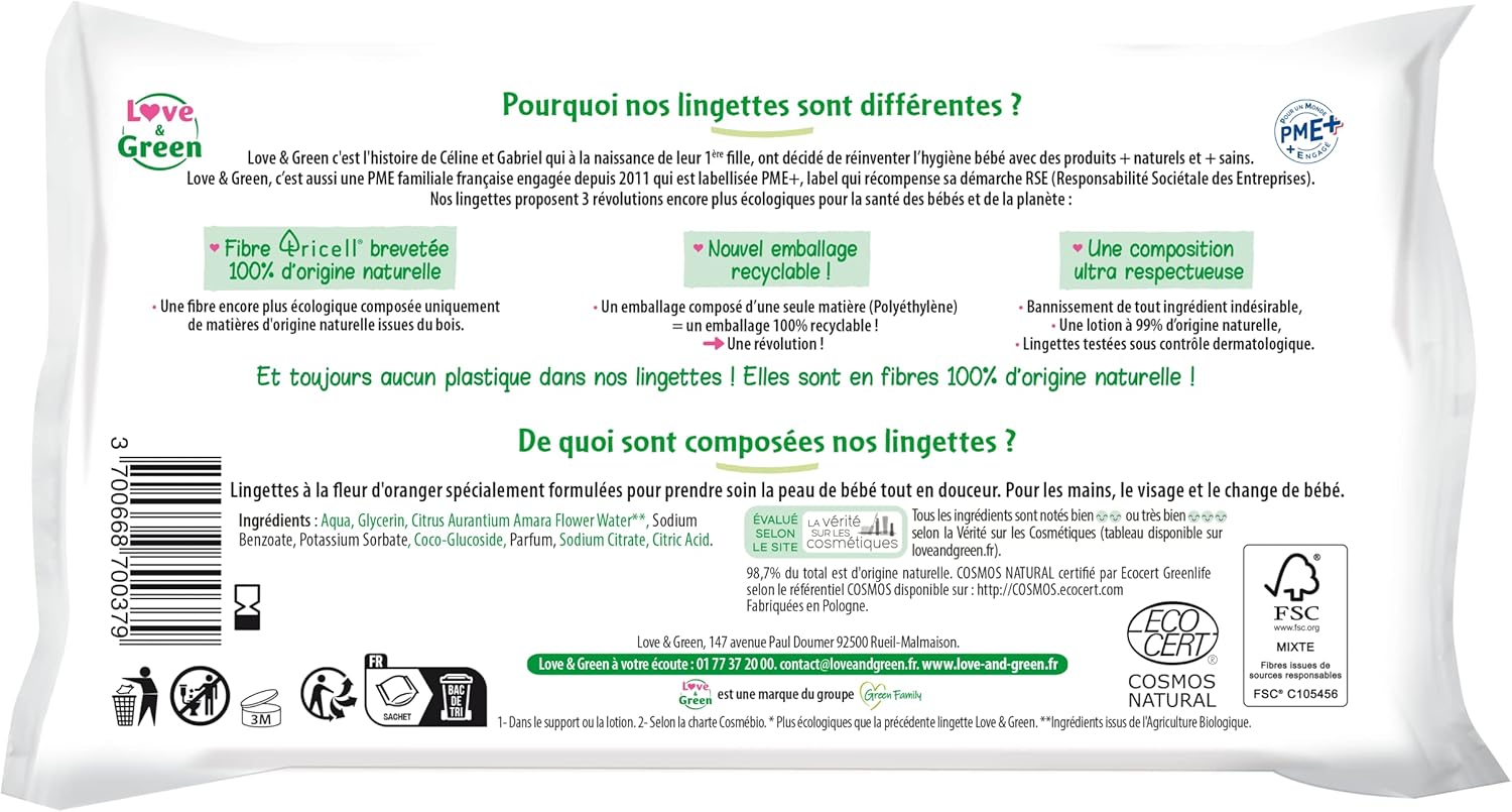 Thumbnail 1 de Love & Green Lingettes à la fleur d’oranger certifiées Cosmo Natural (64 lingettes)