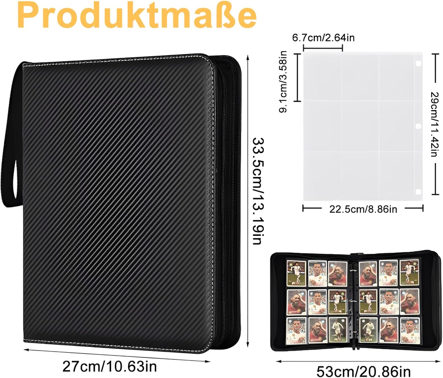 Detalle de Brizuf 001 samlarkortalbum för 900 kort, svart PU med dragkedja