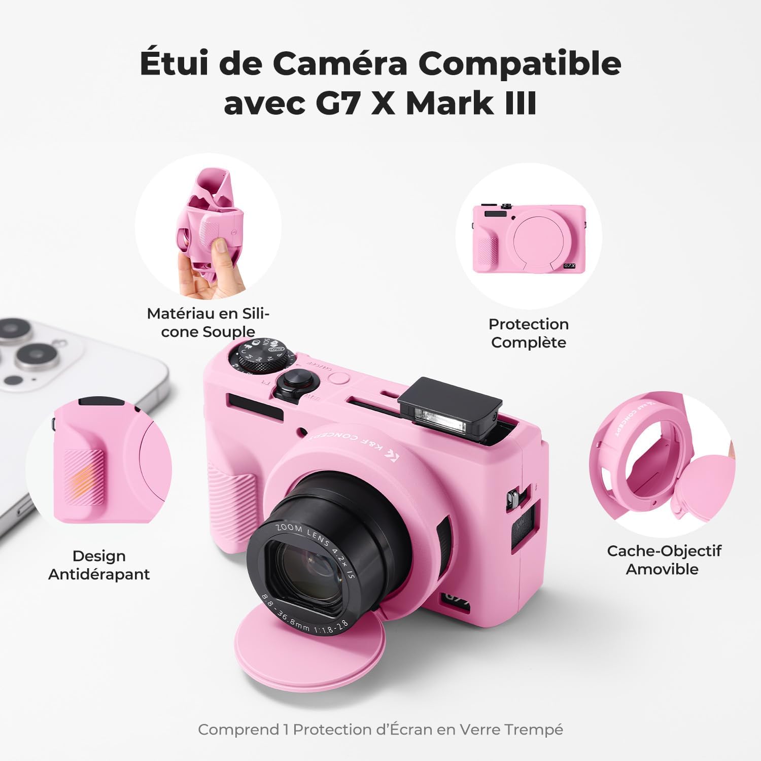Detalle 2 de K&F CONCEPT Coque de Protection en Silicone pour Canon PowerShot G7X Mark III / G7X3 – Rose