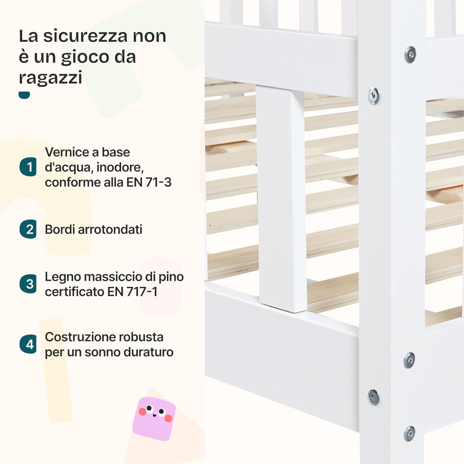 Detalle de Letto a Casetta per Cameretta con Materasso 140x200 cm in Legno di Pino bianco