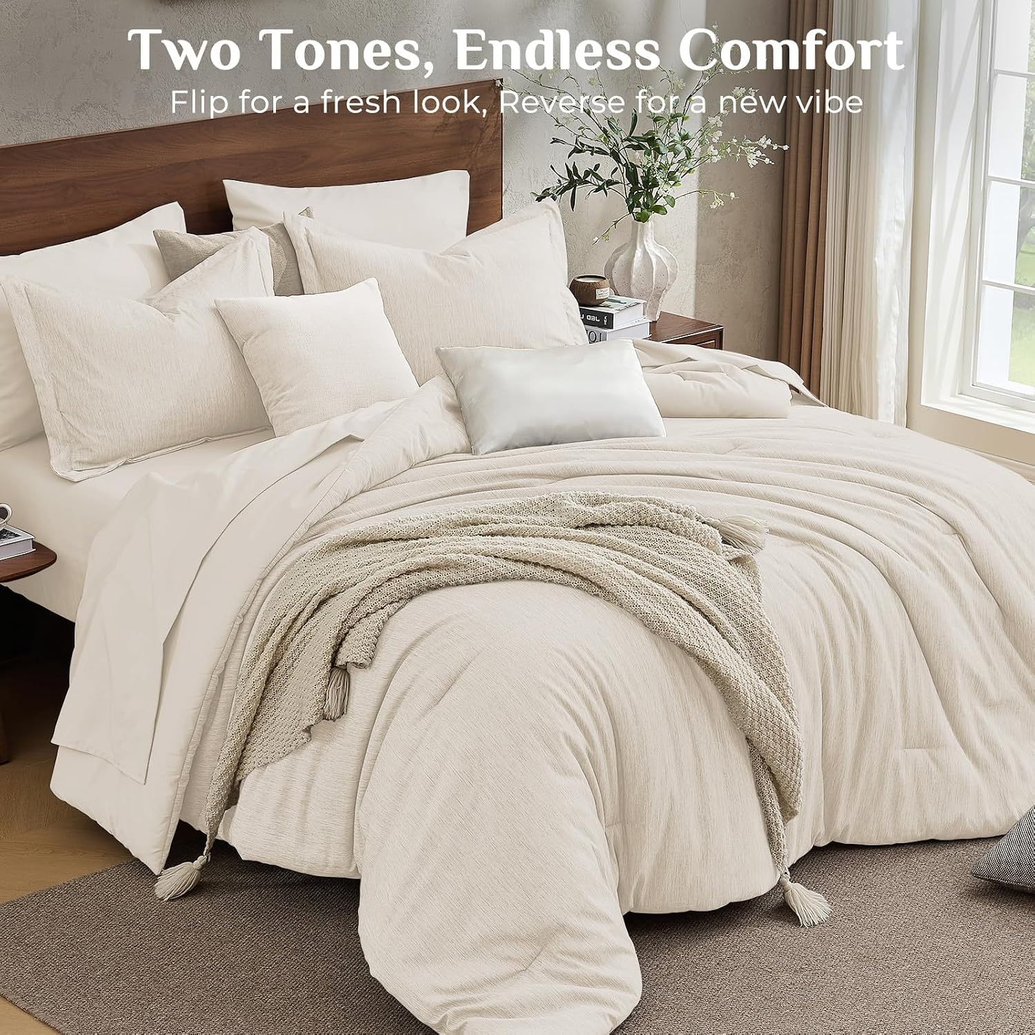 Thumbnail 3 de JOLLYVOGUE Queen Comforter Set, 7-Piece Beige Bed-in-a-Bag, Double-Tone