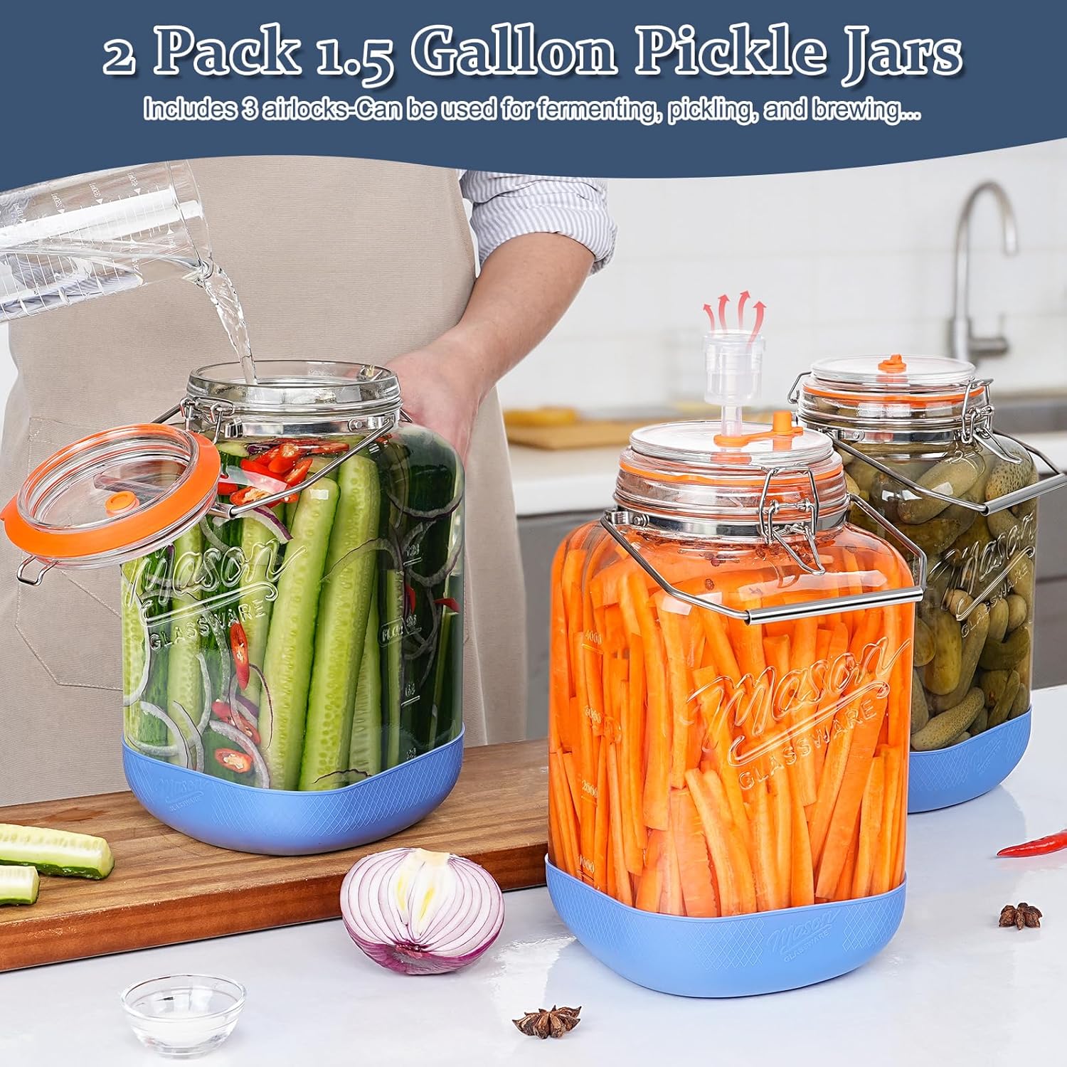 Detalle 2 de 2 Pack 1.5 Gallon Large Fermentation Jar Set with Airlocks, Stainless Handles, and Silicone Base