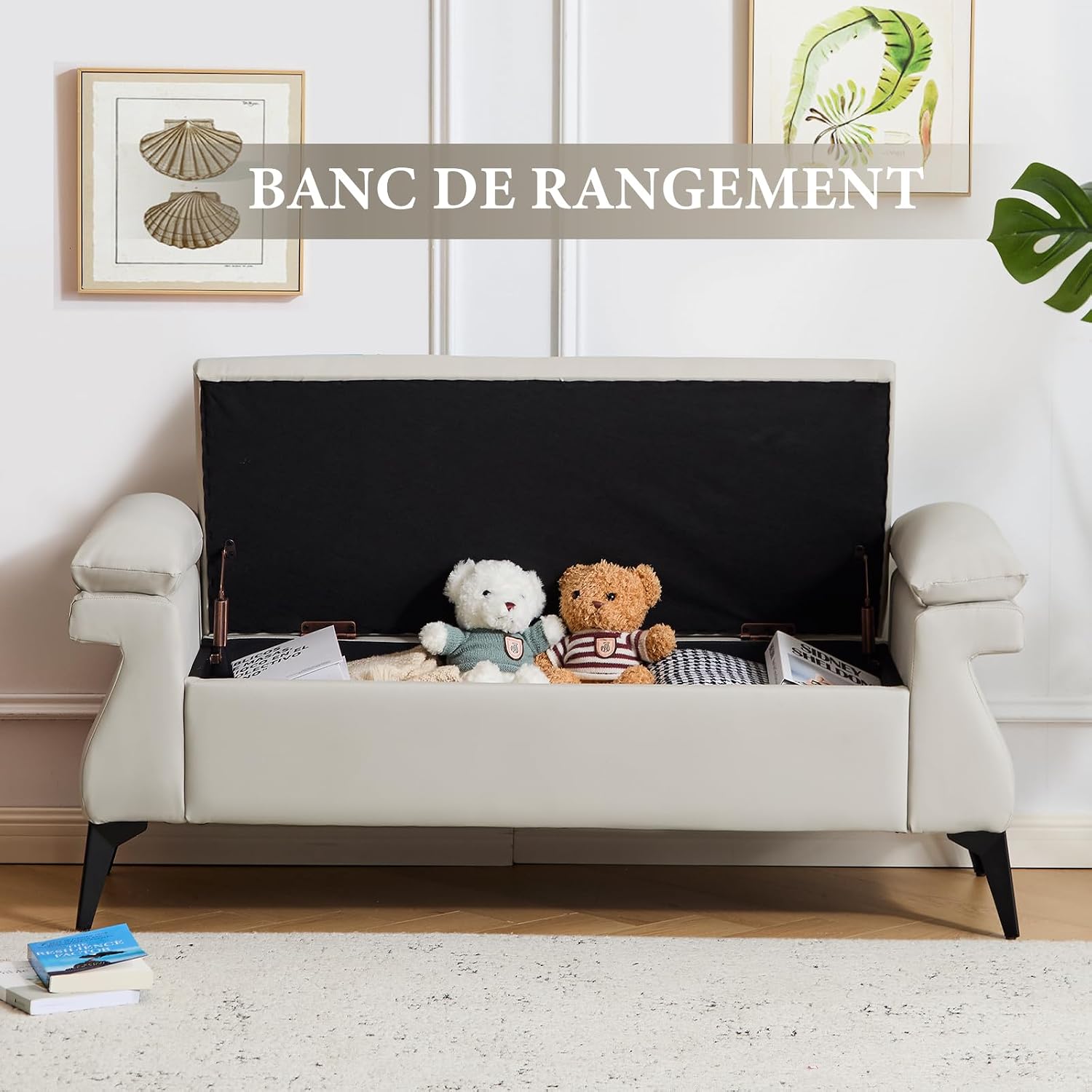 Detalle 2 de Ckaff Panca Contenitore per Camera da Letto 128x44x53 cm – Panca fondo letto in pelle PU, grigio chiaro