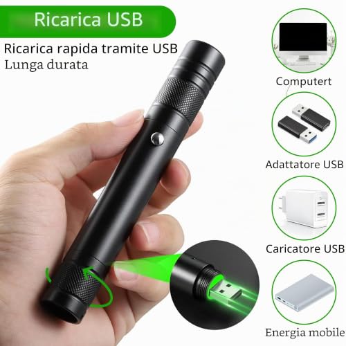 Thumbnail 2 de Wood Homing Torcia a LED con luce verde: potente puntatore verde ricaricabile e cappucci intercambiabili