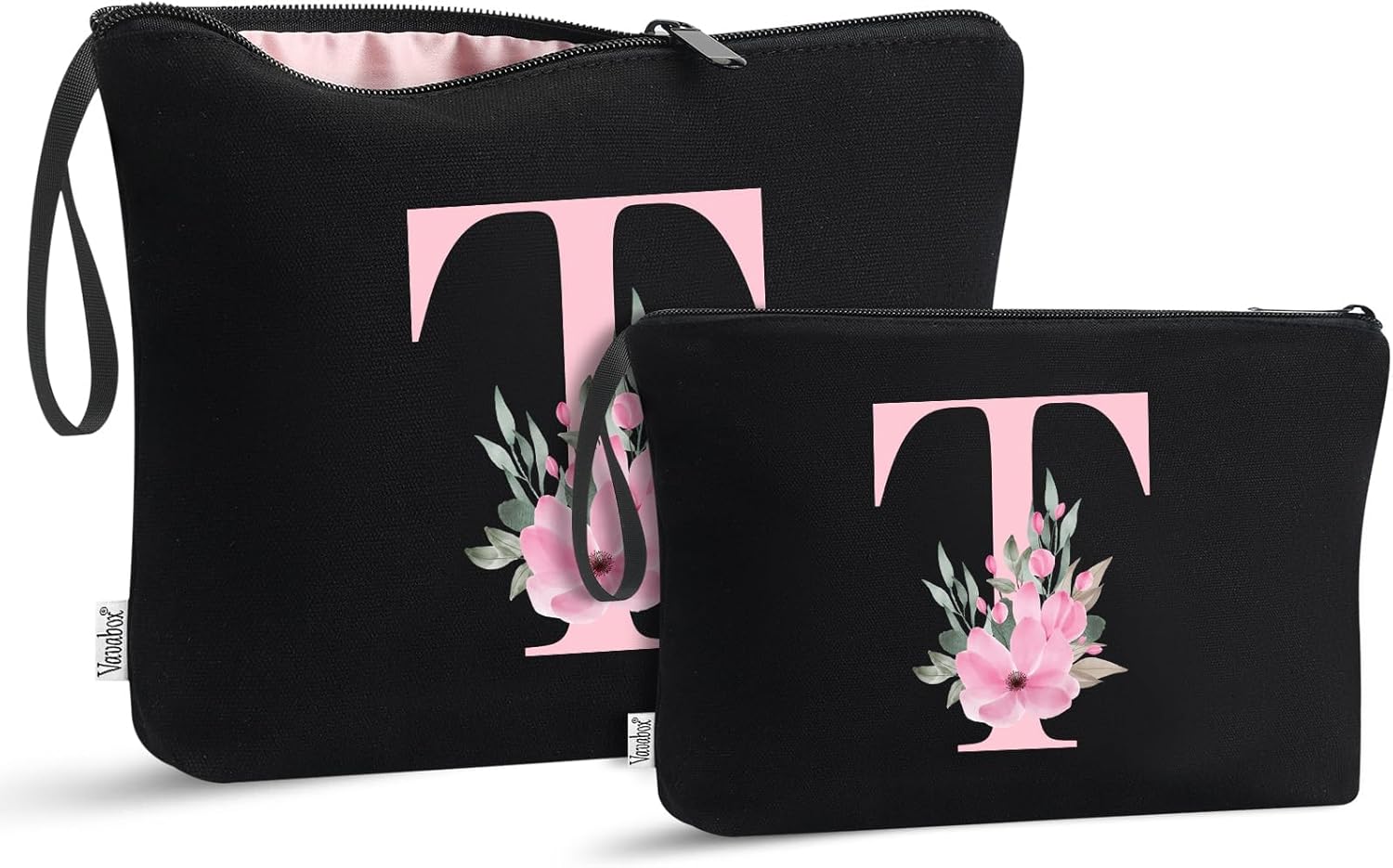 Detalle de Vavabox 2 Pcs Initial Toiletry Bags Set (Black) – personalised travel pouches with handle