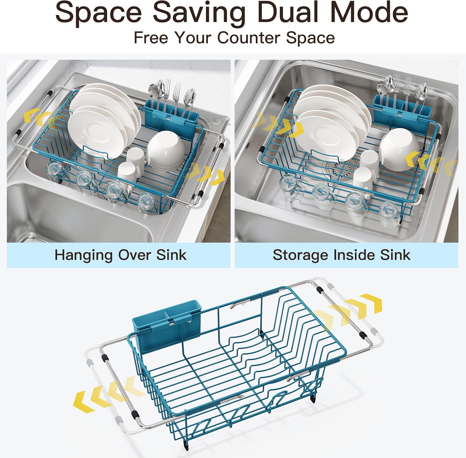 Thumbnail 1 de JASIWAY Blue Stainless Steel Dish Drying Rack, Expandable Over-Sink Design