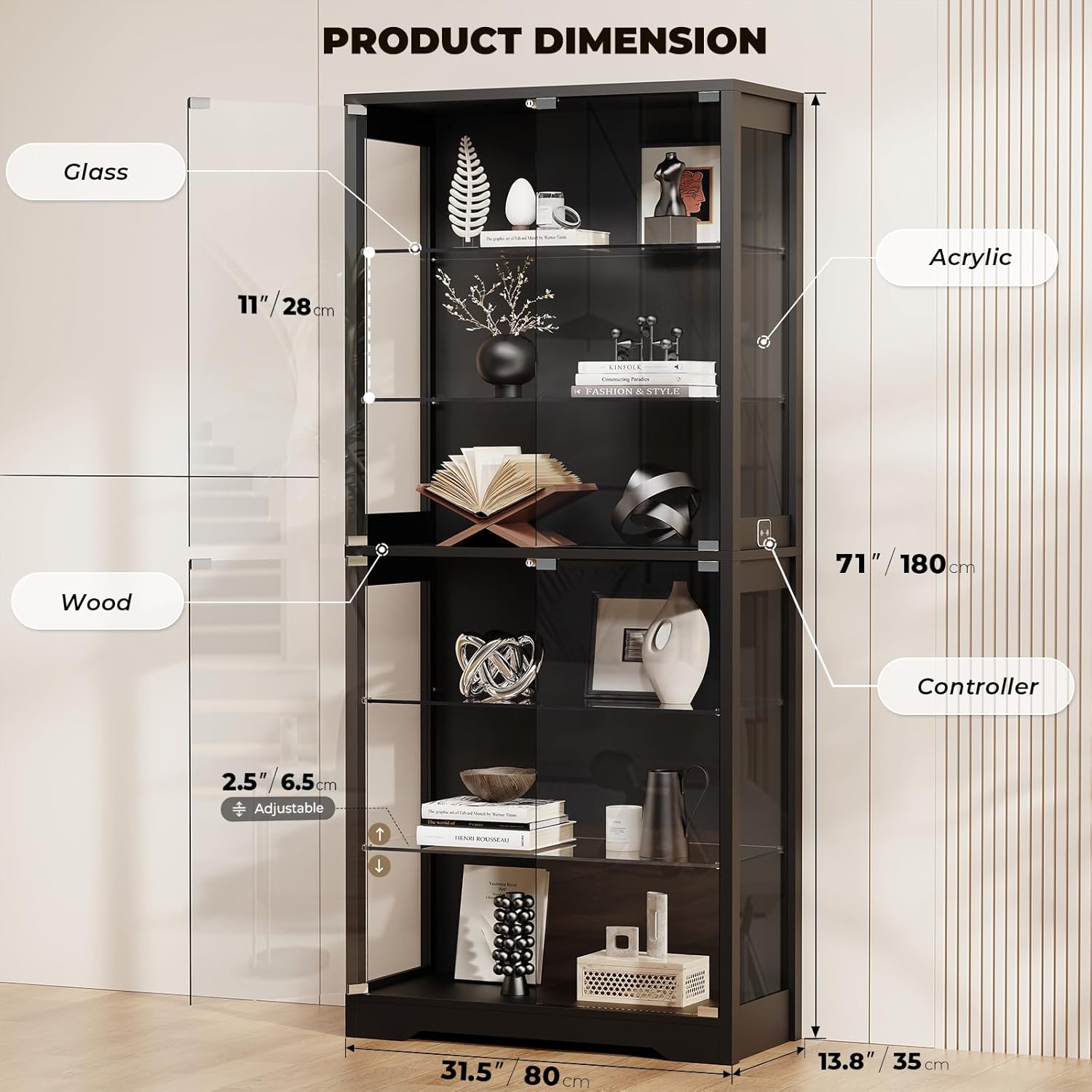 Thumbnail 1 de BROTTAR BD019B 71-Inch Display Cabinet with Glass Door, Adjustable Shelves and 3-Color Lights