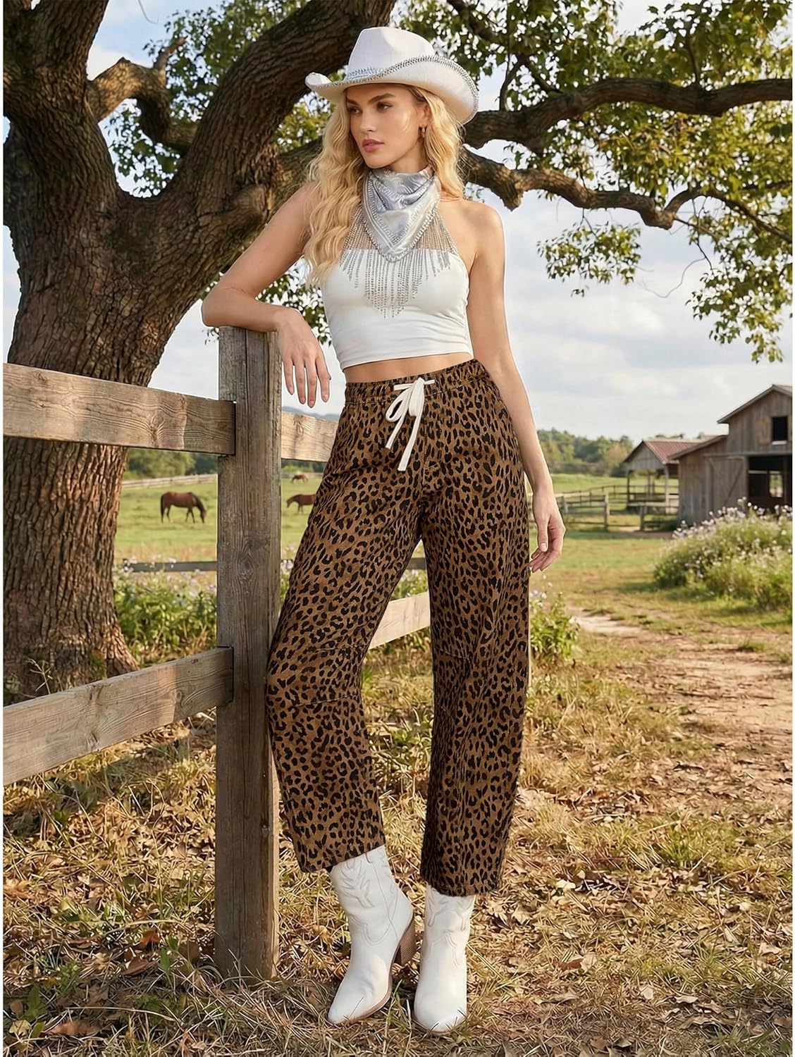 Thumbnail 6 de GRAPENT Barrel Jeans for Women: High-Waisted, Pull-On Wide-Leg Cropped Jeans in Leopard Print