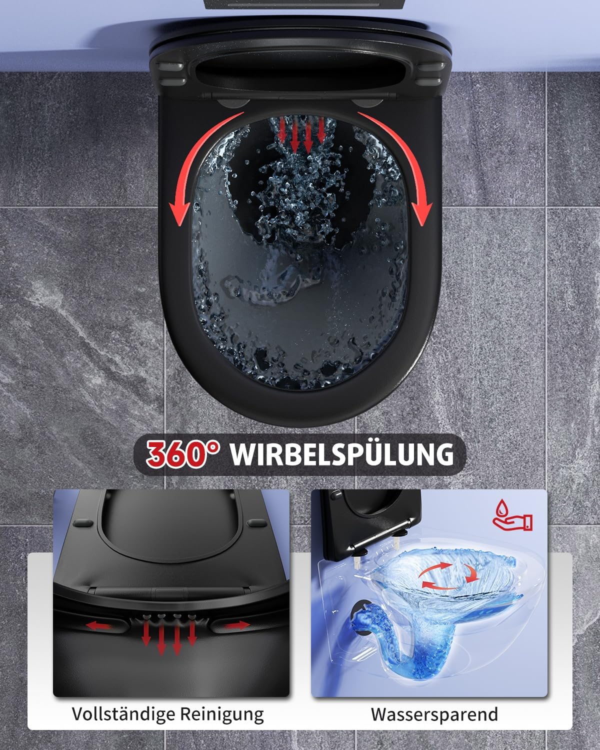 Detalle 2 de Rainsworth Wand-WC Spülrandlos – Hänge Toilette mit kraftvoller Spülung, Absenkautomatik und Schnellverschluss, Schwarz, 48,5 cm
