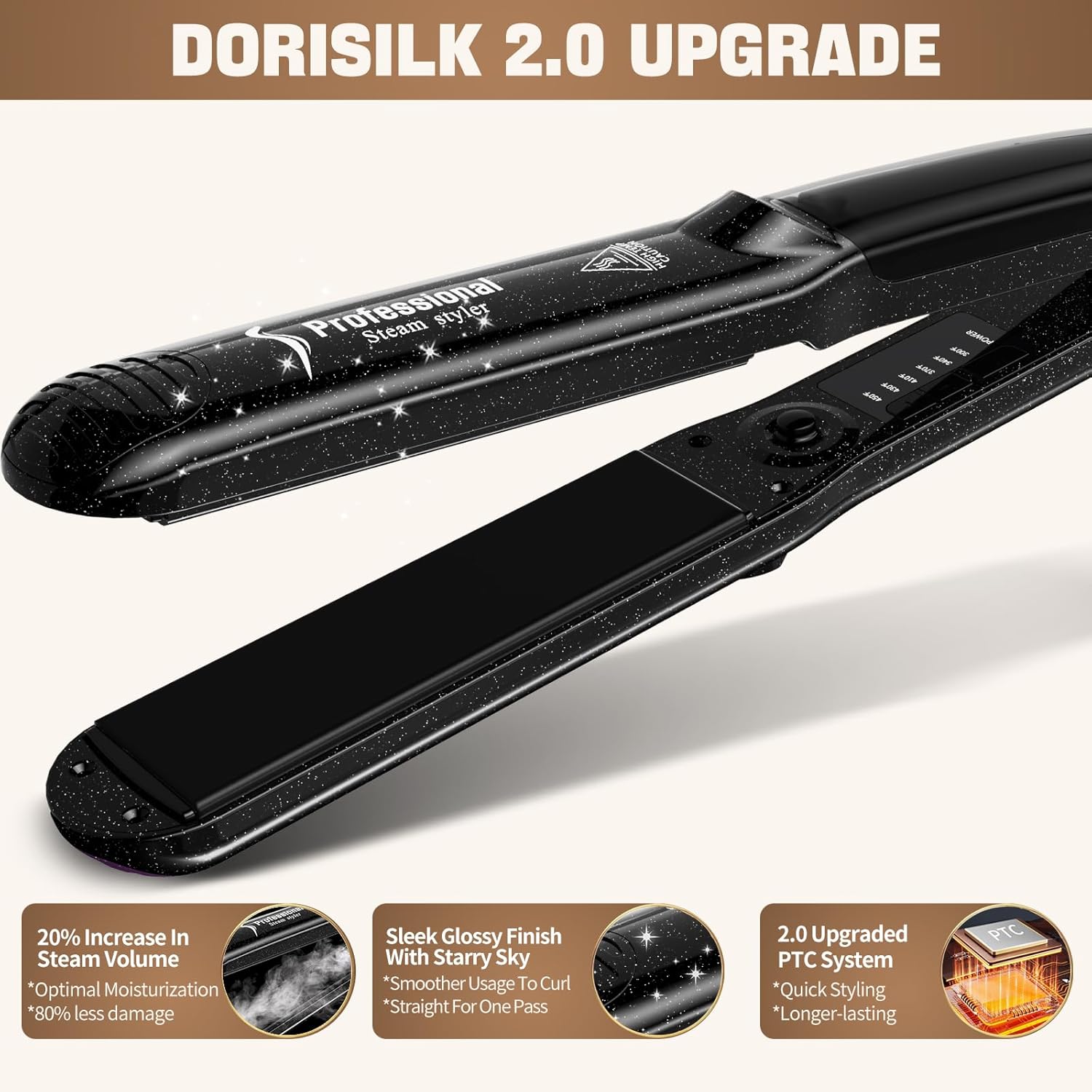 Detalle 2 de DORISILK Steam Hair Straightener and Curler, Ceramic Tourmaline 2-in-1