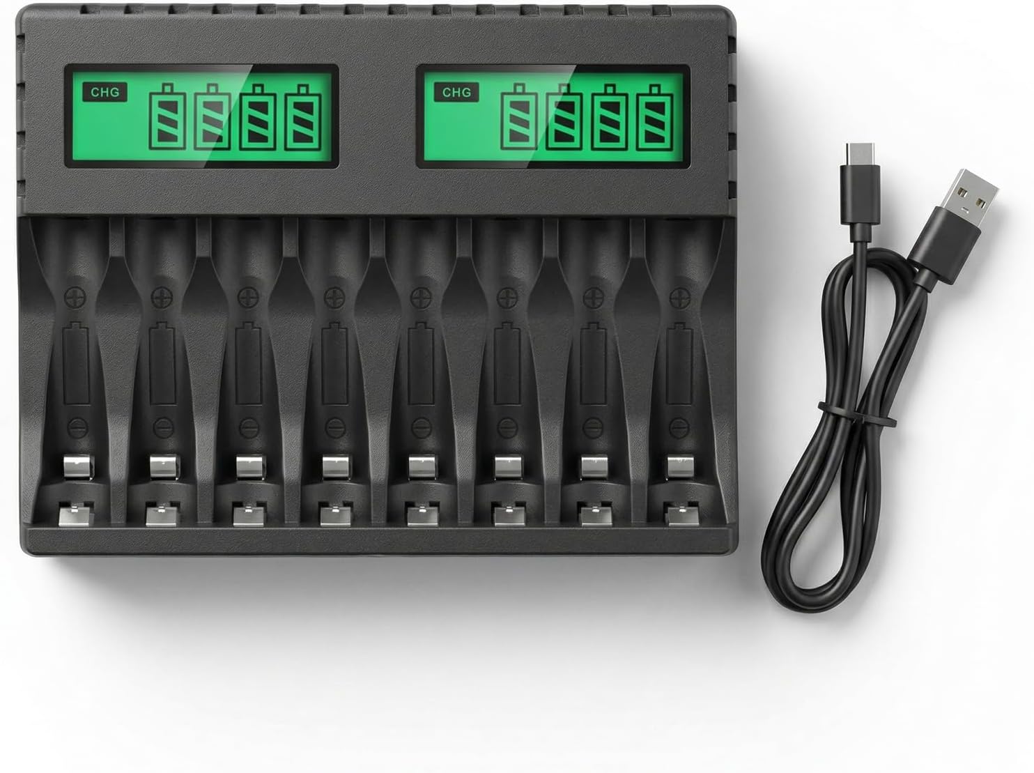 Detalle de Carehabi Caricabatterie 8 Slot AA/AAA Ni-MH con Display LCD, USB-C e Compatibilità Estesa