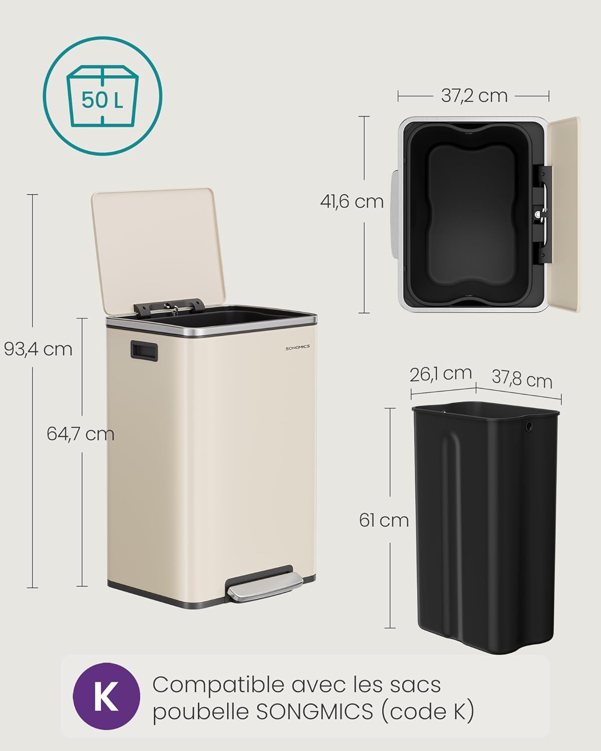 Detalle 2 de SONGMICS LTB595A02 Poubelle de cuisine 50 L crème avec couvercle à fermeture douce et seau intérieur amovible
