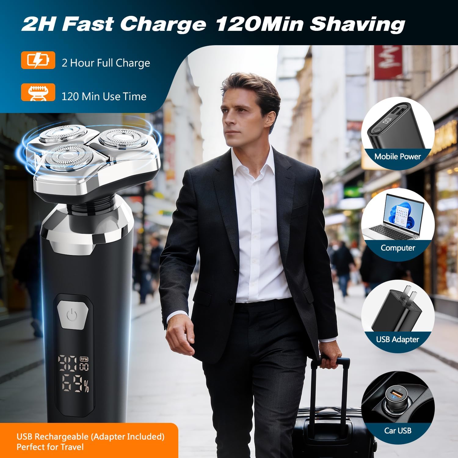 Thumbnail 1 de 3-in-1 Rotary Electric Shaver for Men (Rechargeable, Wet & Dry) with Nose & Sideburn Trimmers