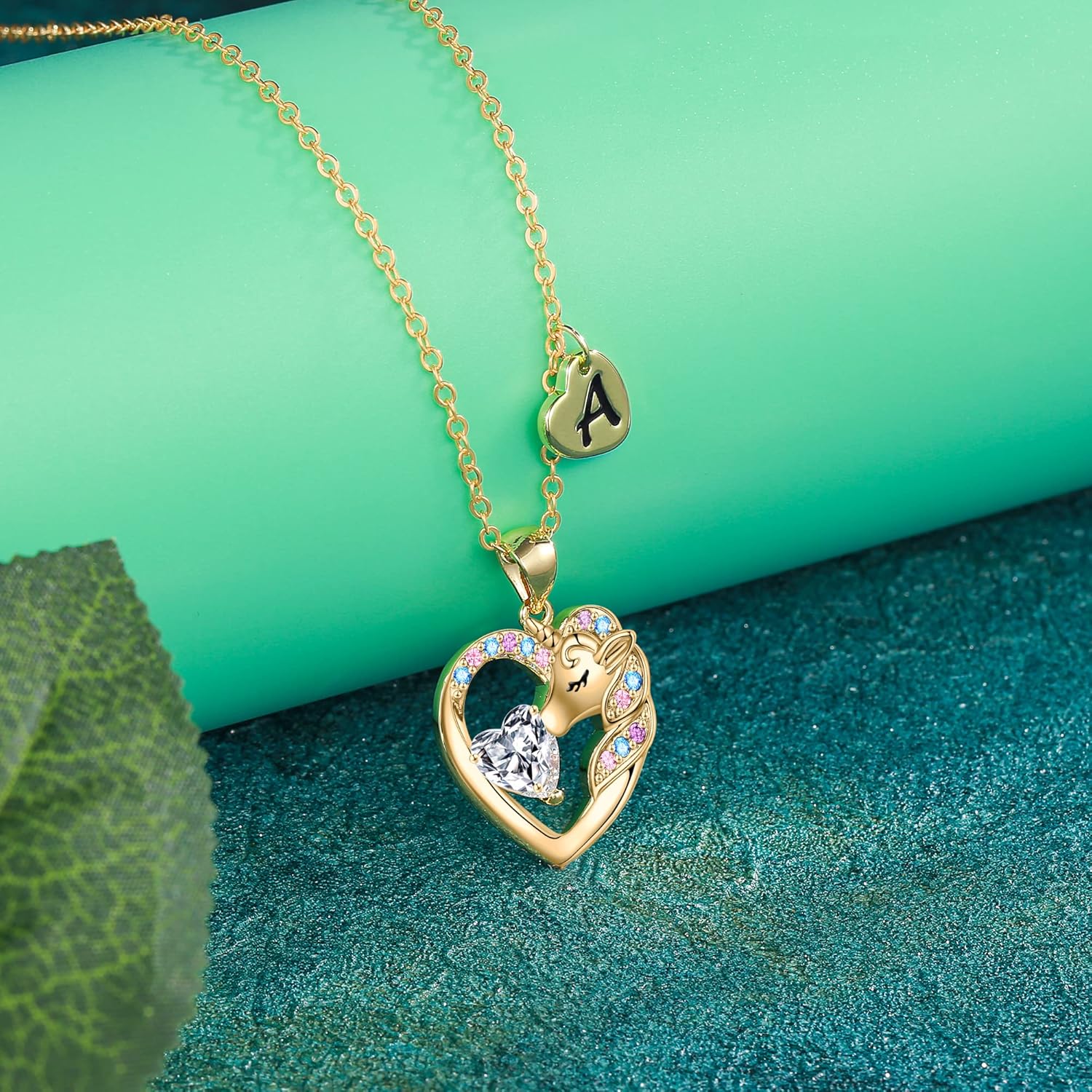 Thumbnail 5 de TINGN Cadeau licorne pour fille – Collier plaqué or 14 carats avec pendentif cœur et lettres