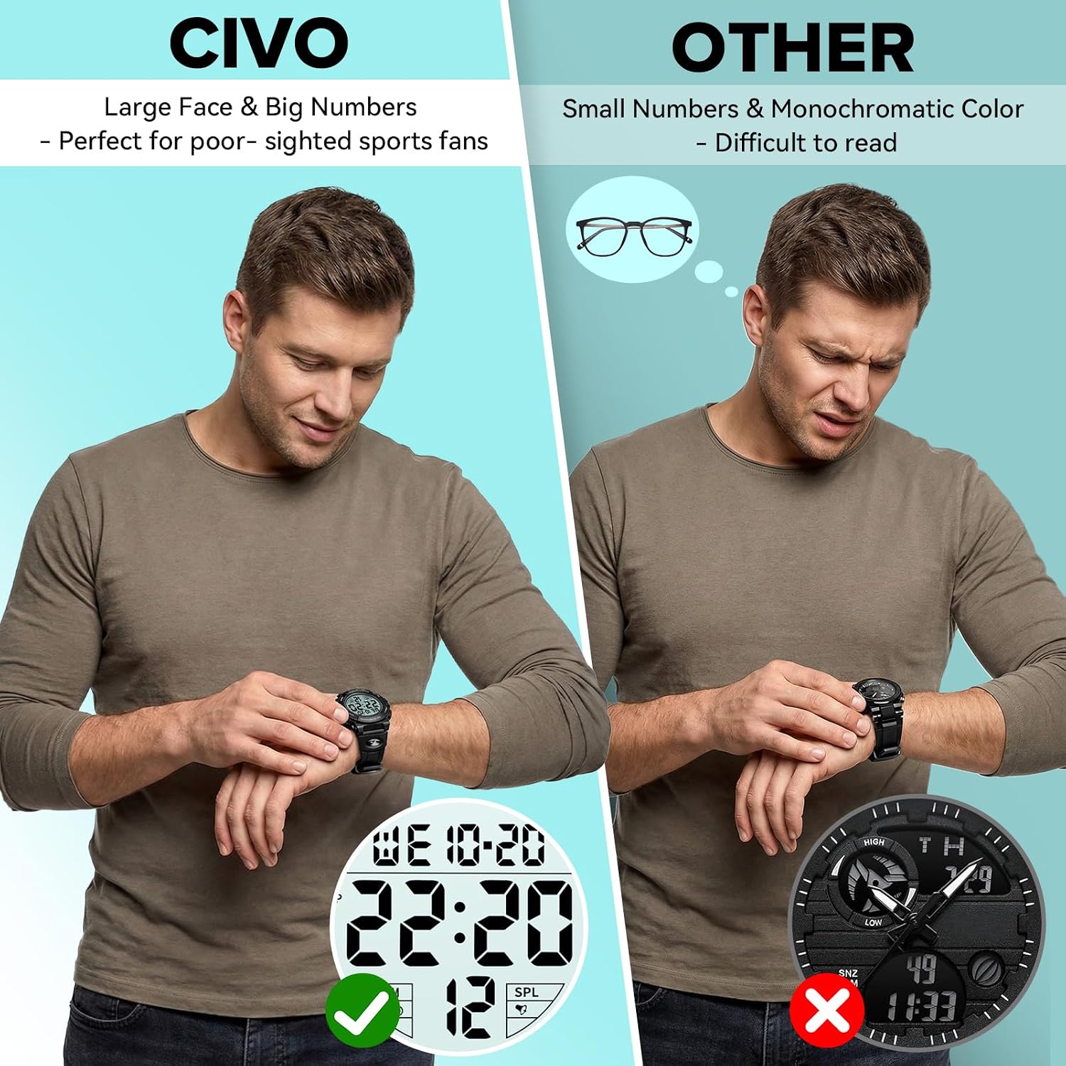 Detalle 2 de CIVO Mens Digital Sports Watch with Military-Style Big Numbers, 50m Waterproof & LED Backlight