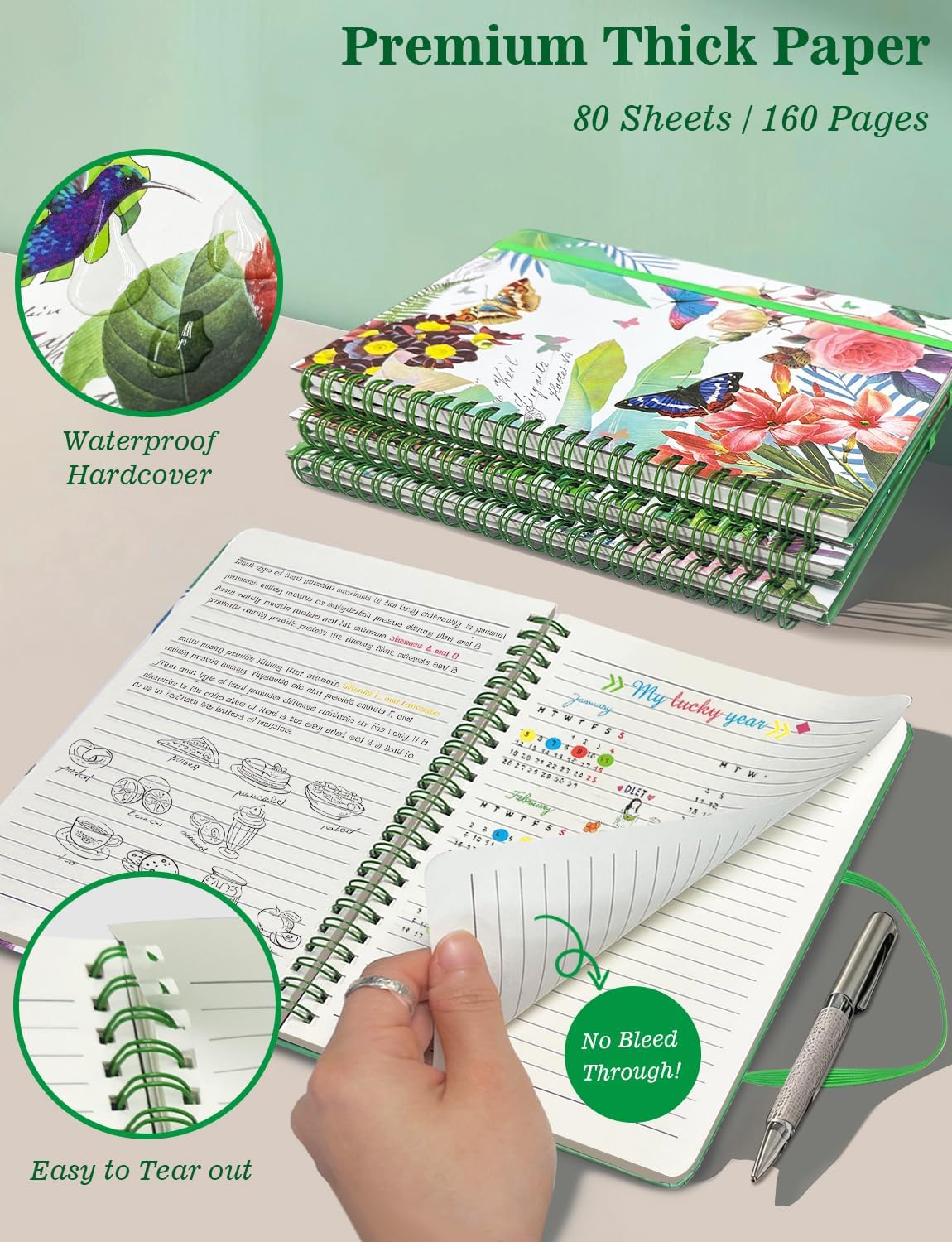 Detalle de Melurika 4-Pack A5 Spiral Notebooks, Hardcover, College-Ruled Floral Journals