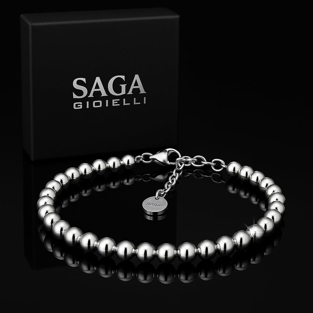 Thumbnail 5 de SAGA GIOIELLI Bracciale Unisex Uomo Donna 18+3 cm in Acciaio con Sfere 4 mm – confezione regalo
