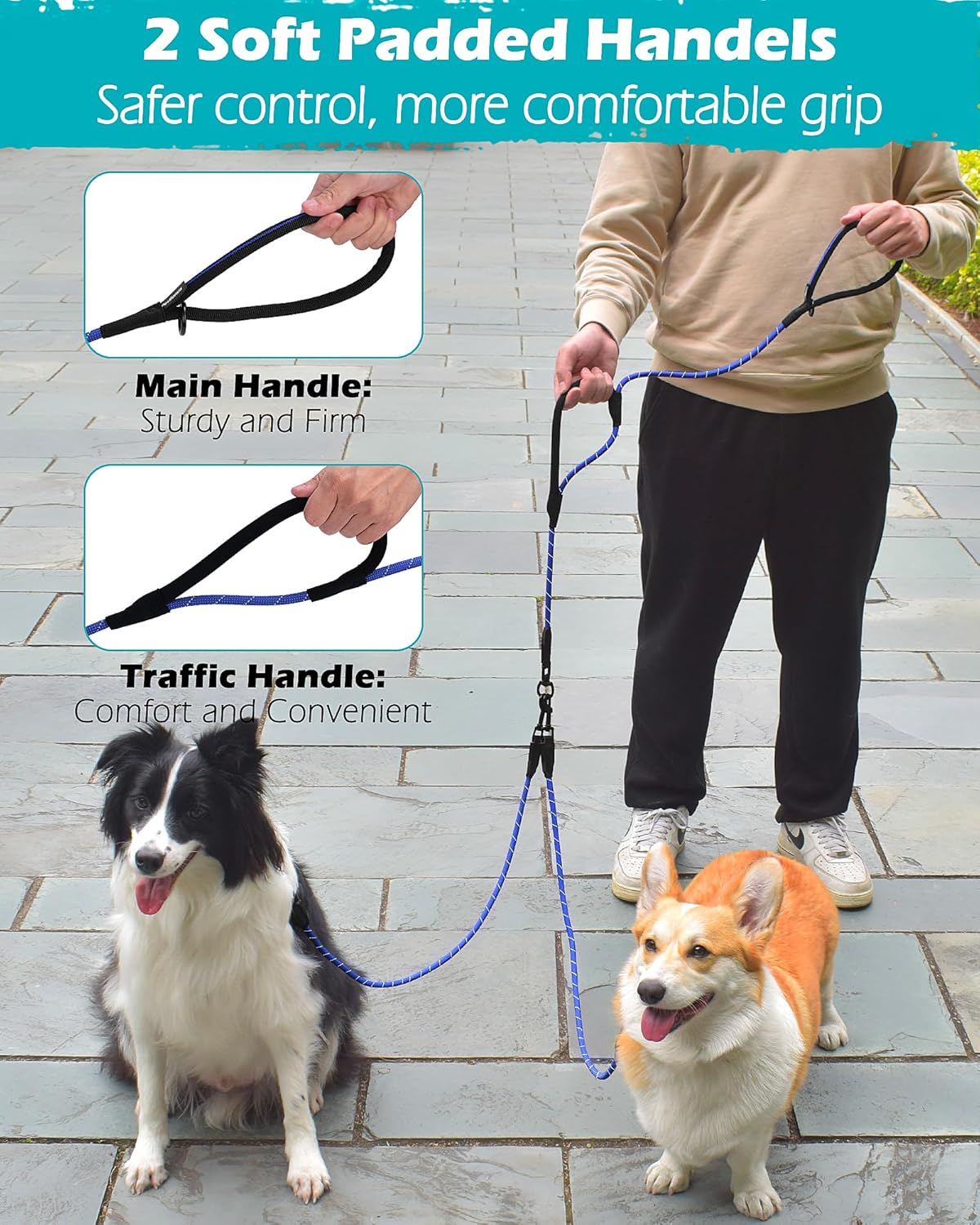 Thumbnail 3 de PetBonus Rope Double Dog Lead (No Tangle Dual Lead) with 360° Swivel Clips, Reflective Walking Training Leash, Blue