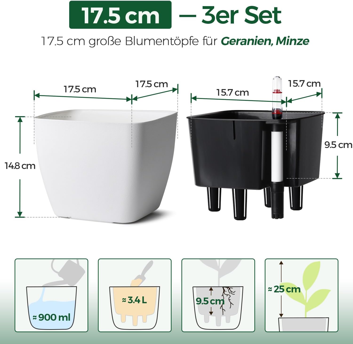 Detalle de T4U Eckige Selbstbewässerungstöpfe 17,5 cm