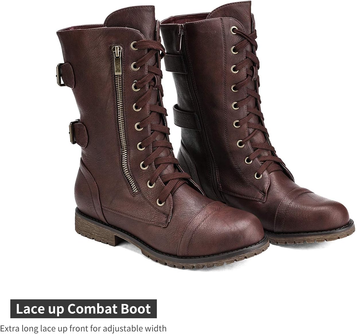 Detalle 1 de DREAM PAIRS Mid-Calf Combat Boots with Lace-Up Design, Side Zipper and Hidden Pocket