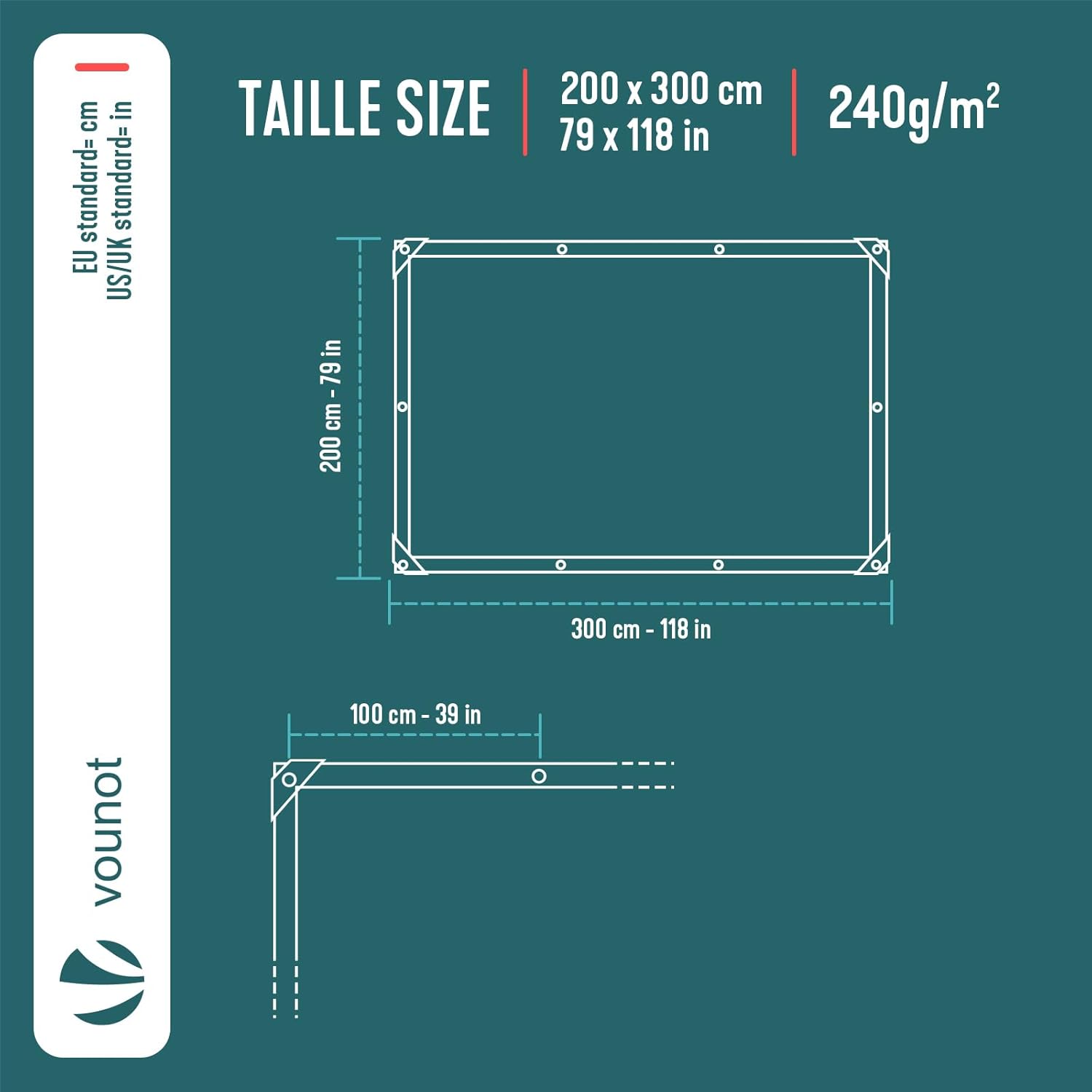 Detalle de VOUNOT Abdeckplane 2x3 m – 240 g/m², wasserdicht, beidseitig beschichtet, mit Ösen