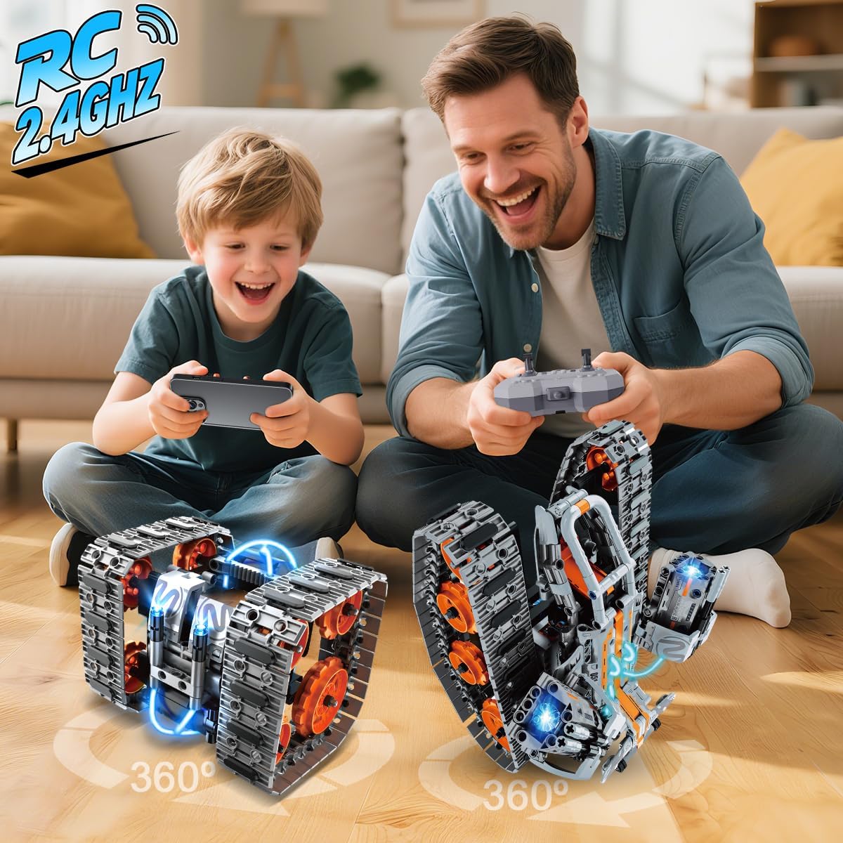 Detalle de PLAXSOON Technik Bauspielzeug 5‑in‑1: RC Panzer, Roboter & Co. mit LED, 604 Teile