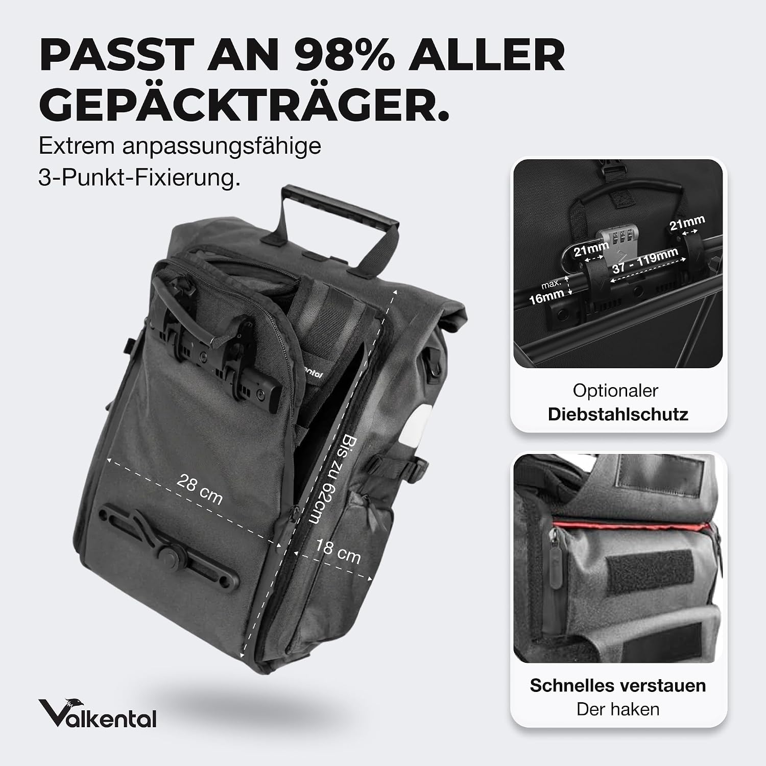 Detalle de Valkental 3in1 Fahrradtasche Pro – Das Original, 23 L, 100% wasserdicht, vielseitig einsetzbar