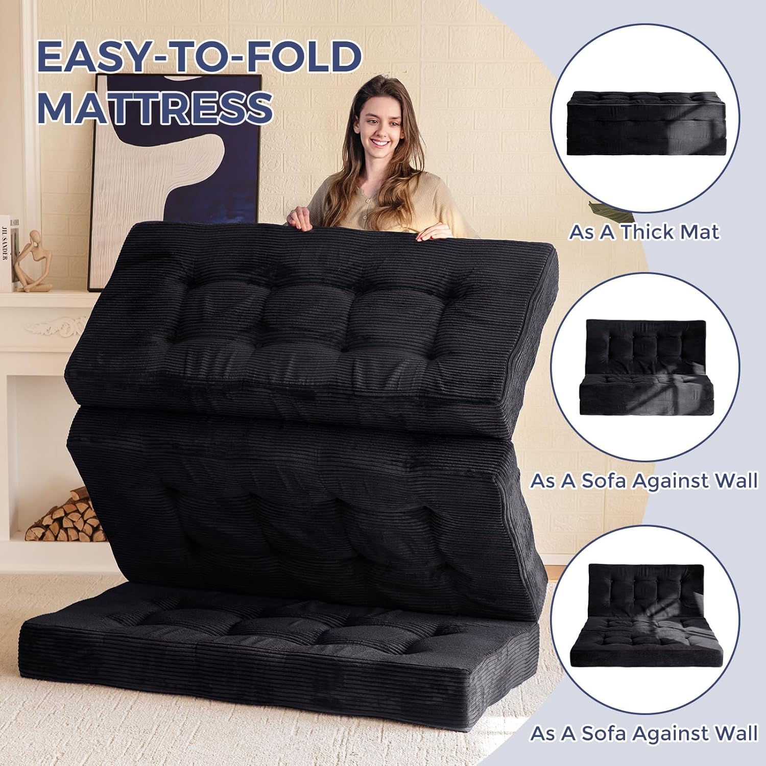 Detalle de MAXYOYO Folding Mattress, Comfy Corduroy Tri-Fold 15cm Foam – Black (UK King)