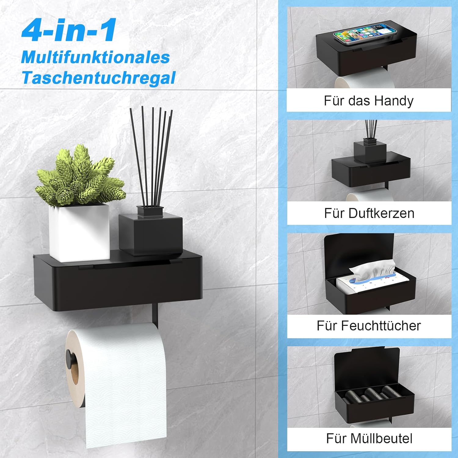 Thumbnail 1 de SURFOU 3-in-1 Toilettenpapierhalter ohne Bohren mit Feuchttücherbox und 2 Haken (schwarz)