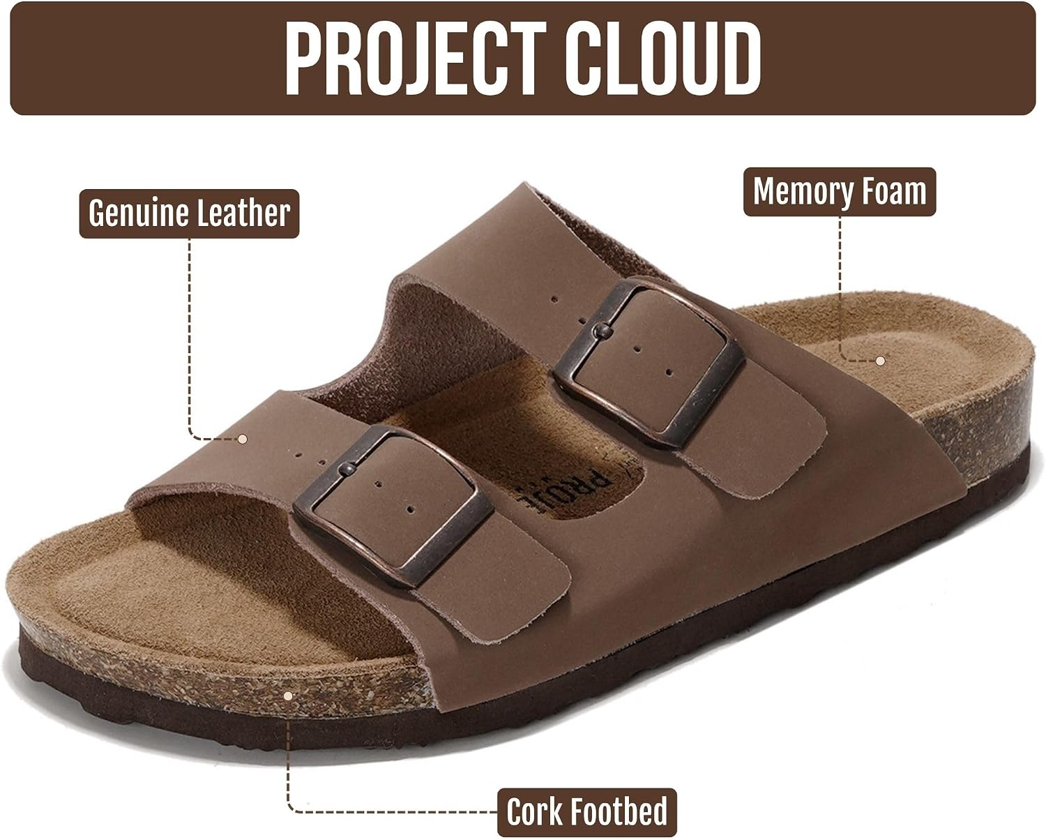 Detalle de Project Cloud 100% Genuine Leather Flat Sandals for Women (Venita) with Cork Footbed, Memory Foam & Arch Support