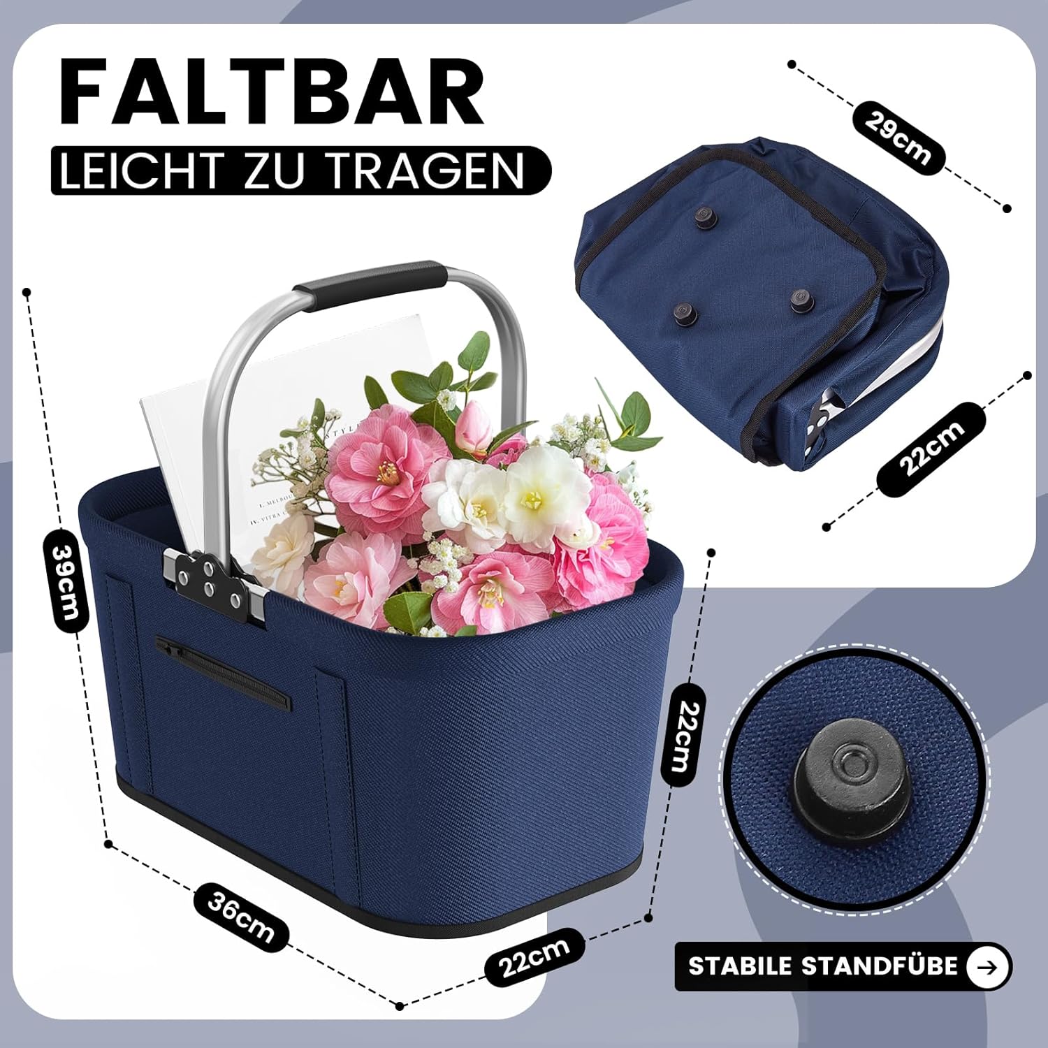 Detalle 2 de Yeabett 22L Faltbarer Einkaufskorb mit Stützstangen – stabil, flexibel, groß (43x27x23 cm) in Blau