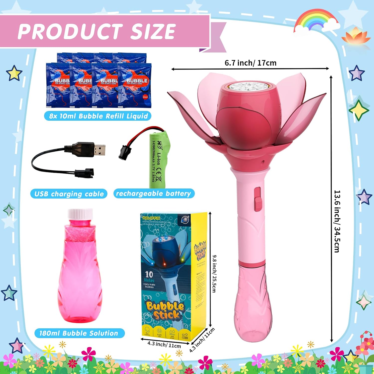 Detalle de DAOUZL Blumen Seifenblasenstab LED – Elektrische Seifenblasenpistole für Kinder