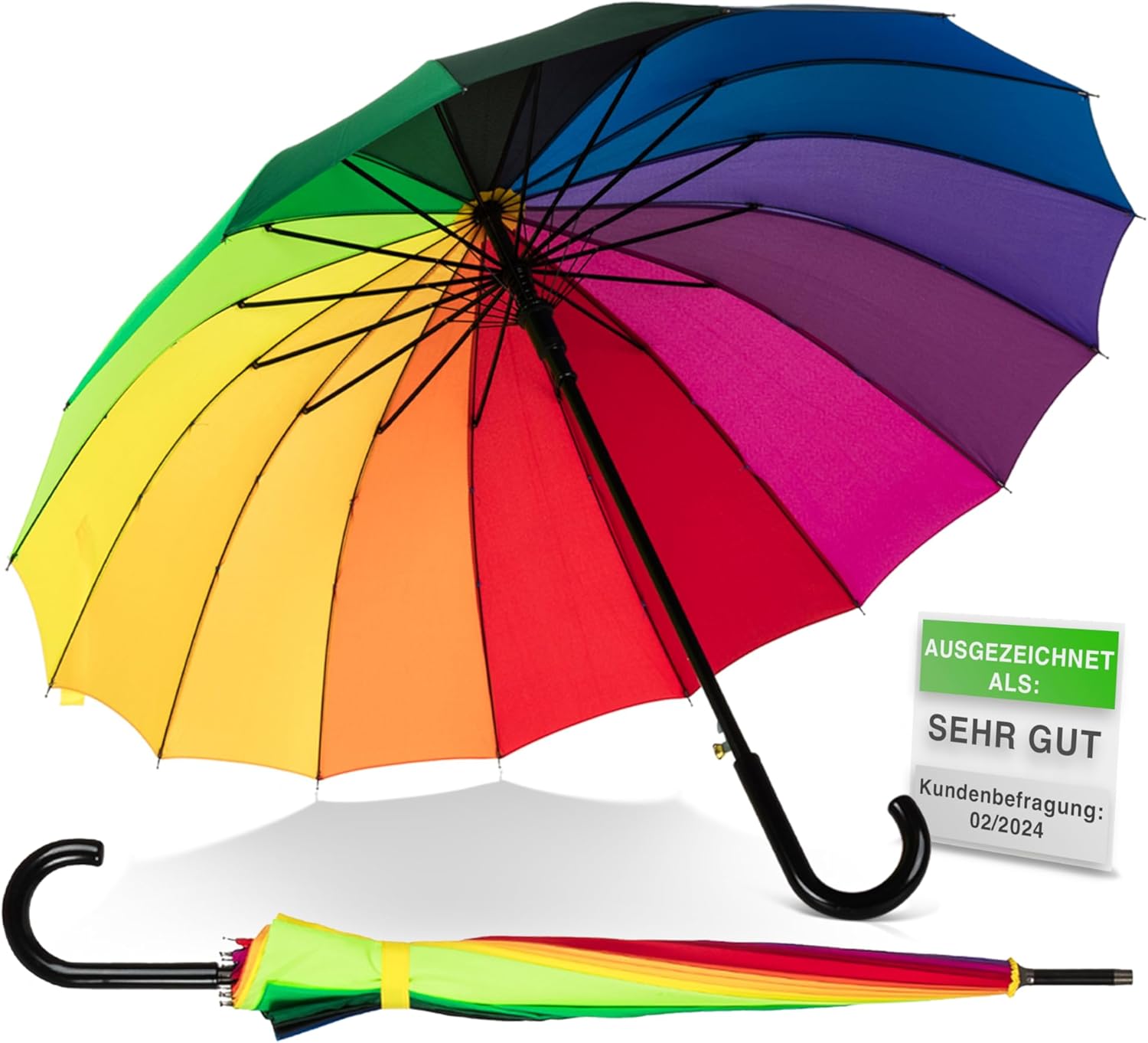 Detalle de ADRIANO PORCARO UNISEX Automatik Regenschirm Rainbow – Sturmfest, 16‑fach Verstrebung, Großschirm 120 cm