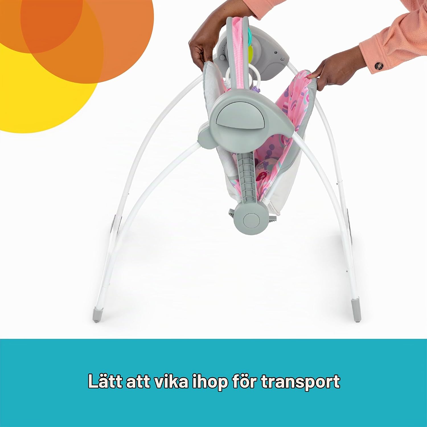 Detalle 2 de Bright Starts Pink Paradise bärbar babygunga med 6 hastigheter och musik