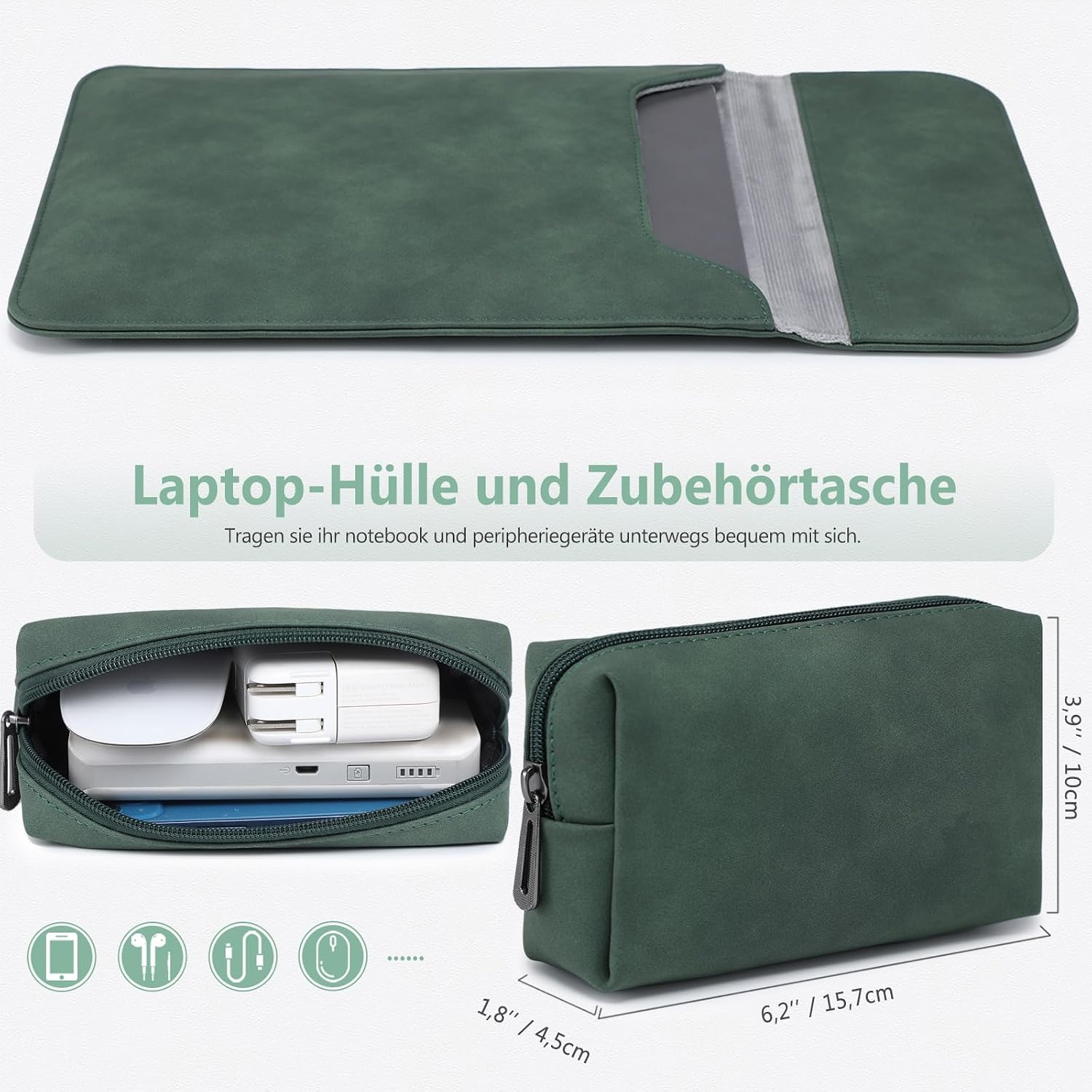 Thumbnail 1 de HYZUO 15-inch laptop sleeve case bag in faux suede leather (Midnight Green)