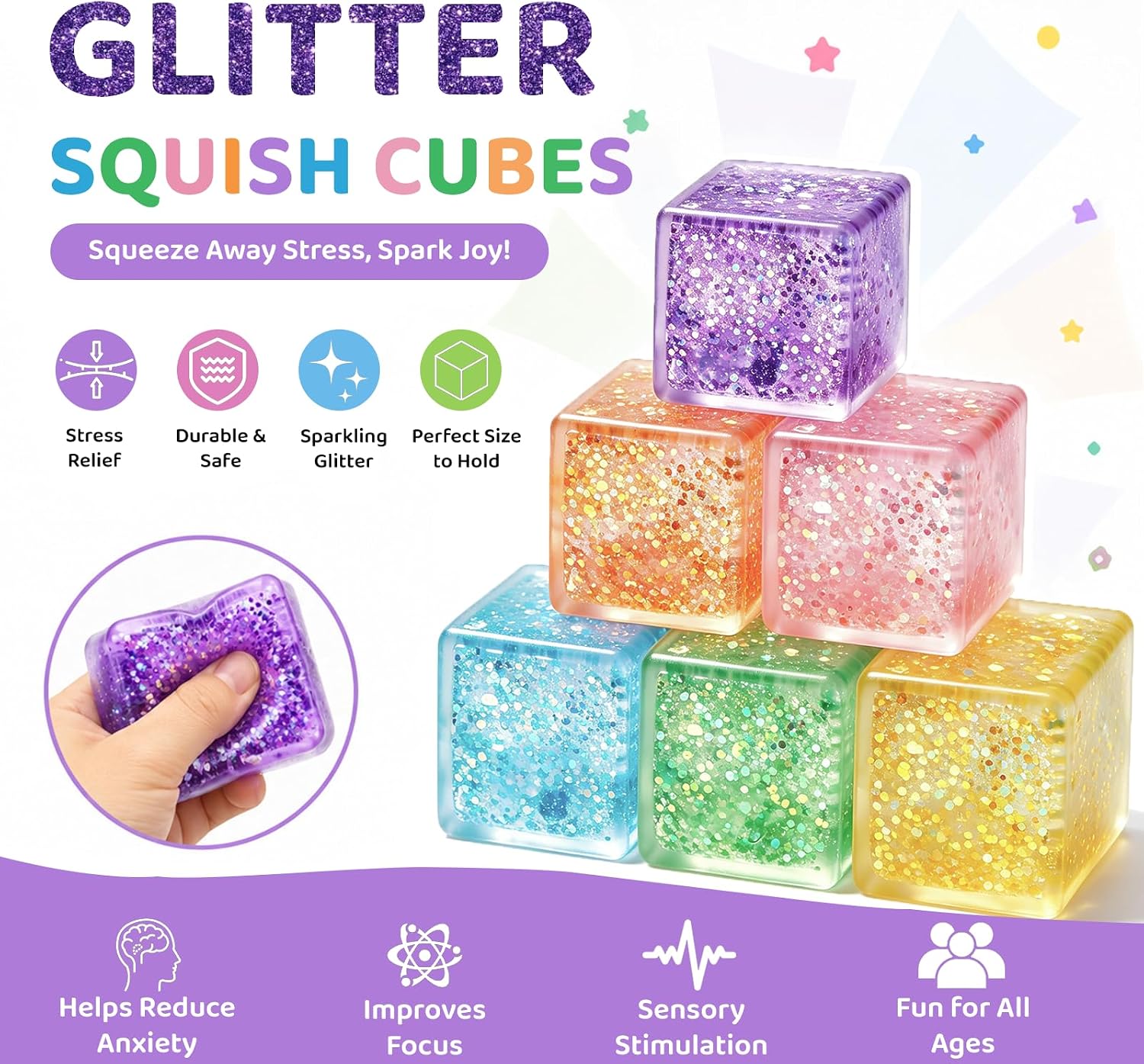 Detalle 2 de KHXAIMJ Sqt-001 Ice Cube Squishy Stress Balls, 6-Pack Glitter Fidgets