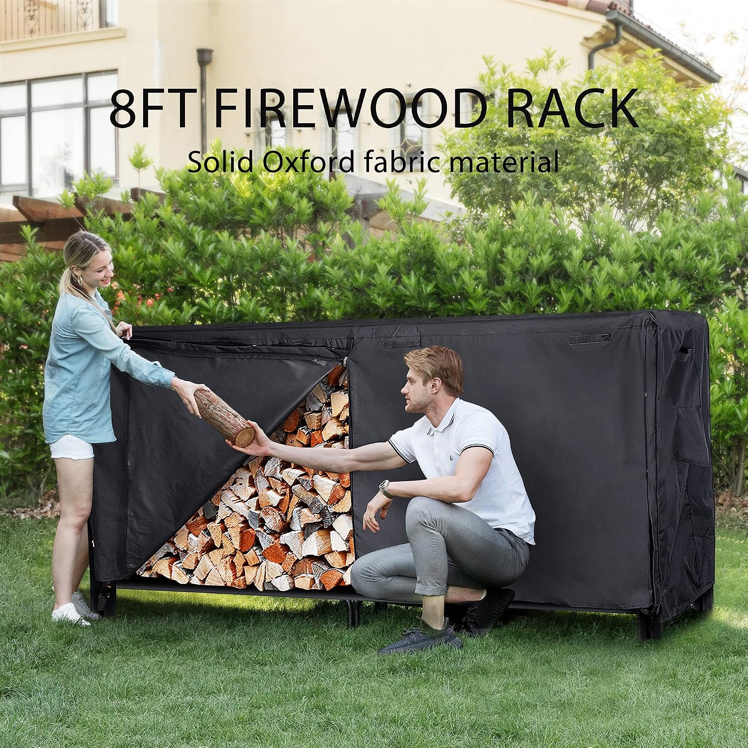 Detalle 2 de VIVOHOME VH424 8 ft Firewood Rack with Zippered Cover, Steel Frame