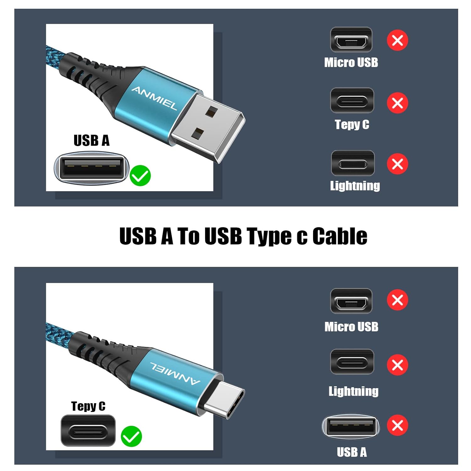 Thumbnail 1 de ANMIEL USB C Cable 2 Pack 3M – Nylon Braided Type C Charger Cord, 3A Fast Charge QC3.0, 10ft USB A to USB C