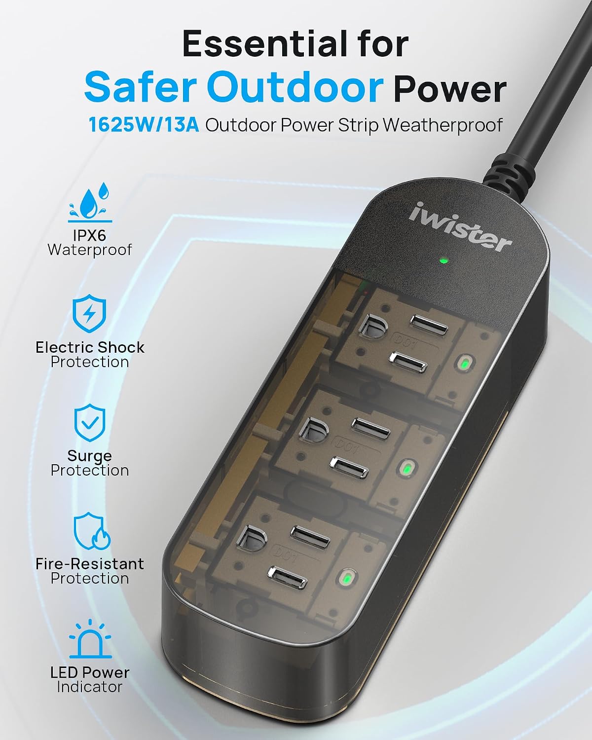 Detalle 2 de iwister ZJ-112- 5ft Outdoor Power Strip, 3 Outlets, IPX6, 1625W