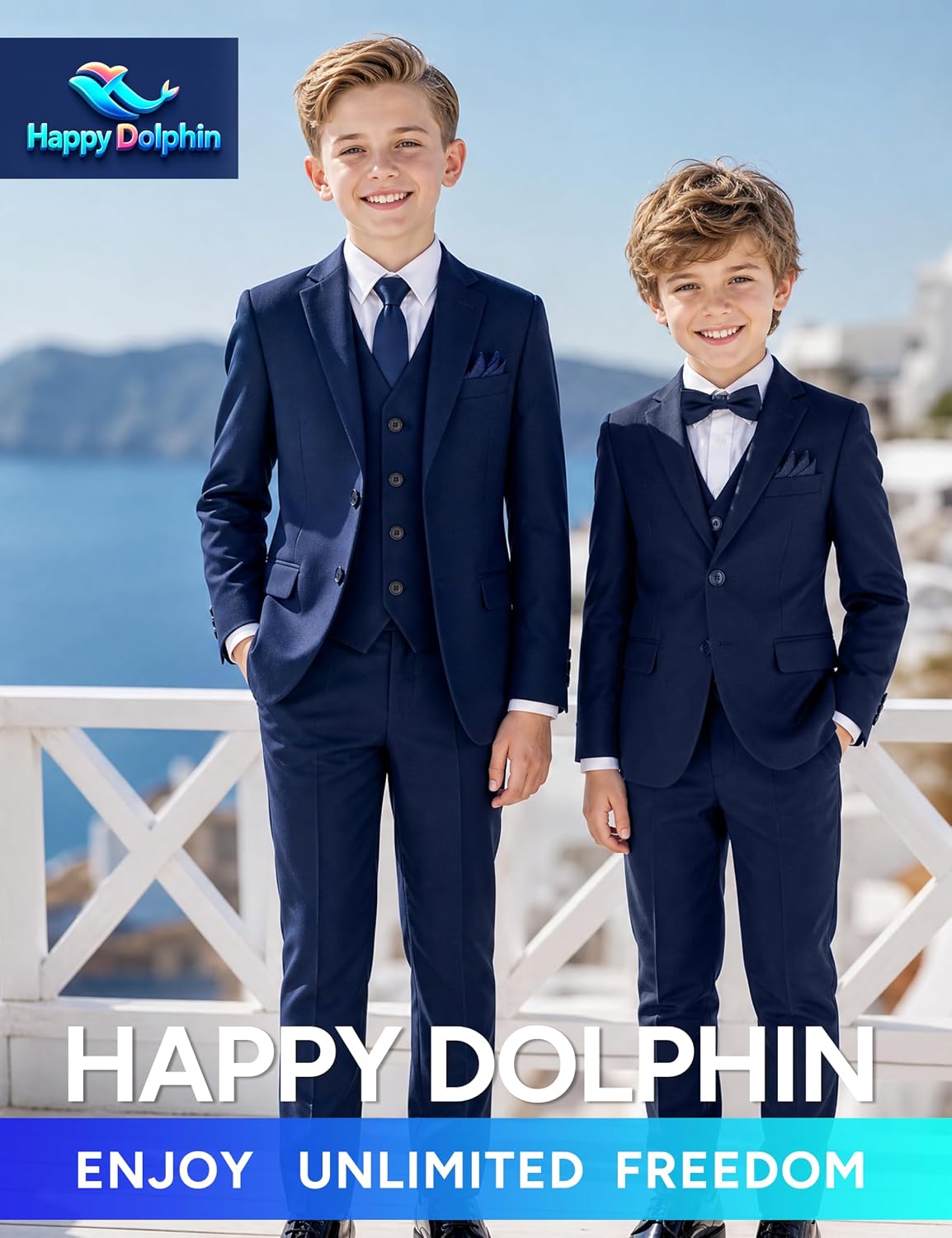 Detalle 2 de Happy Dolphin Boys’ Formal Suit Set with Adjustable Waist for Weddings