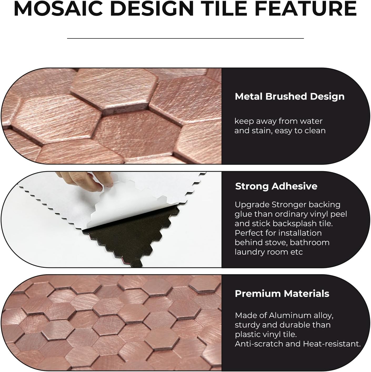 Detalle de STICKGOO Mosaic Peel and Stick Backsplash Tiles, Rose Gold 3D Aluminum Hexagons