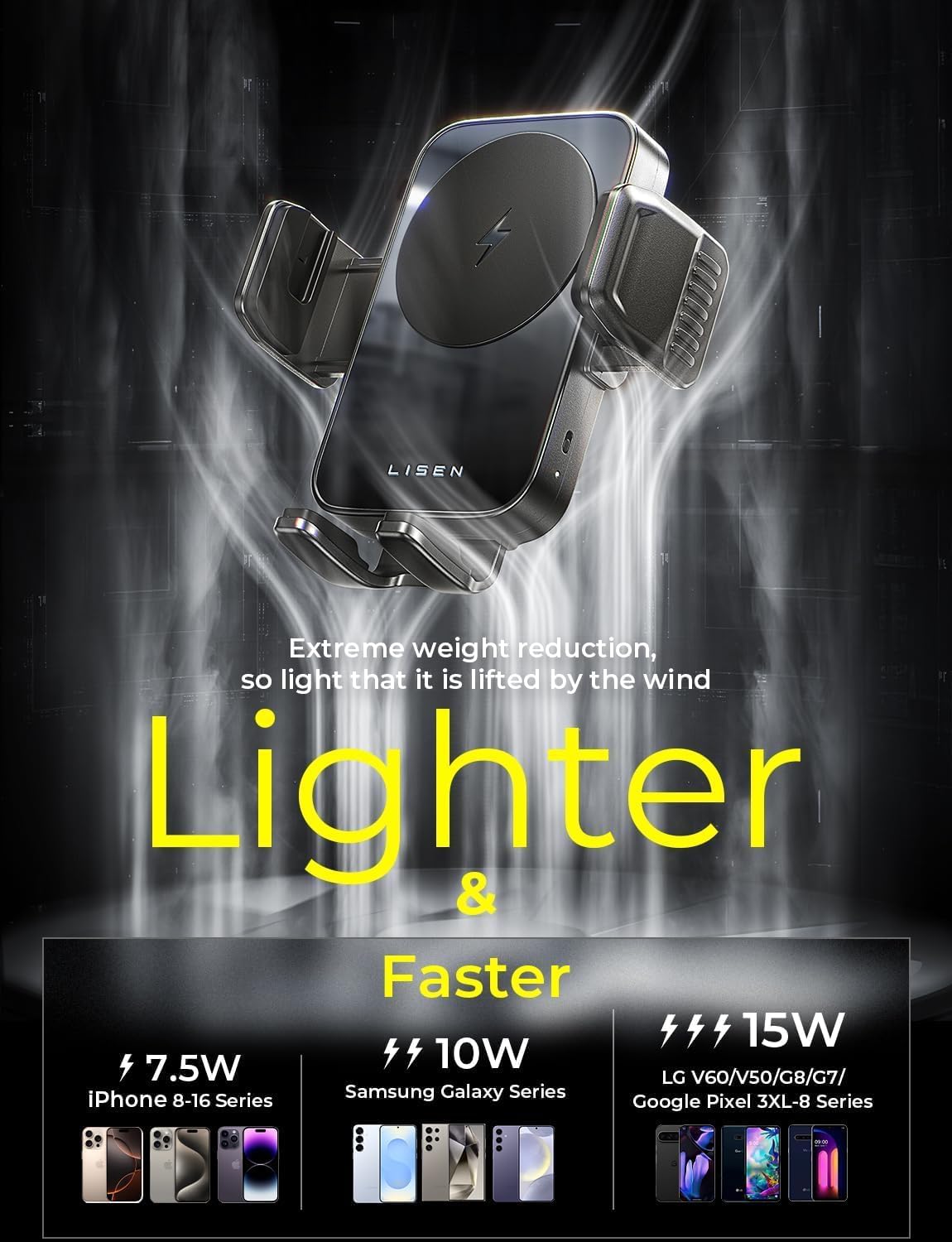 Thumbnail 3 de LISEN Android [15W Pro] Auto-Halterung mit Ladefunktion – 360° Drehung, Lüftungsklemme, kompatibel mit S25/S24/S23 Ultra, Pixel 10, iPhone