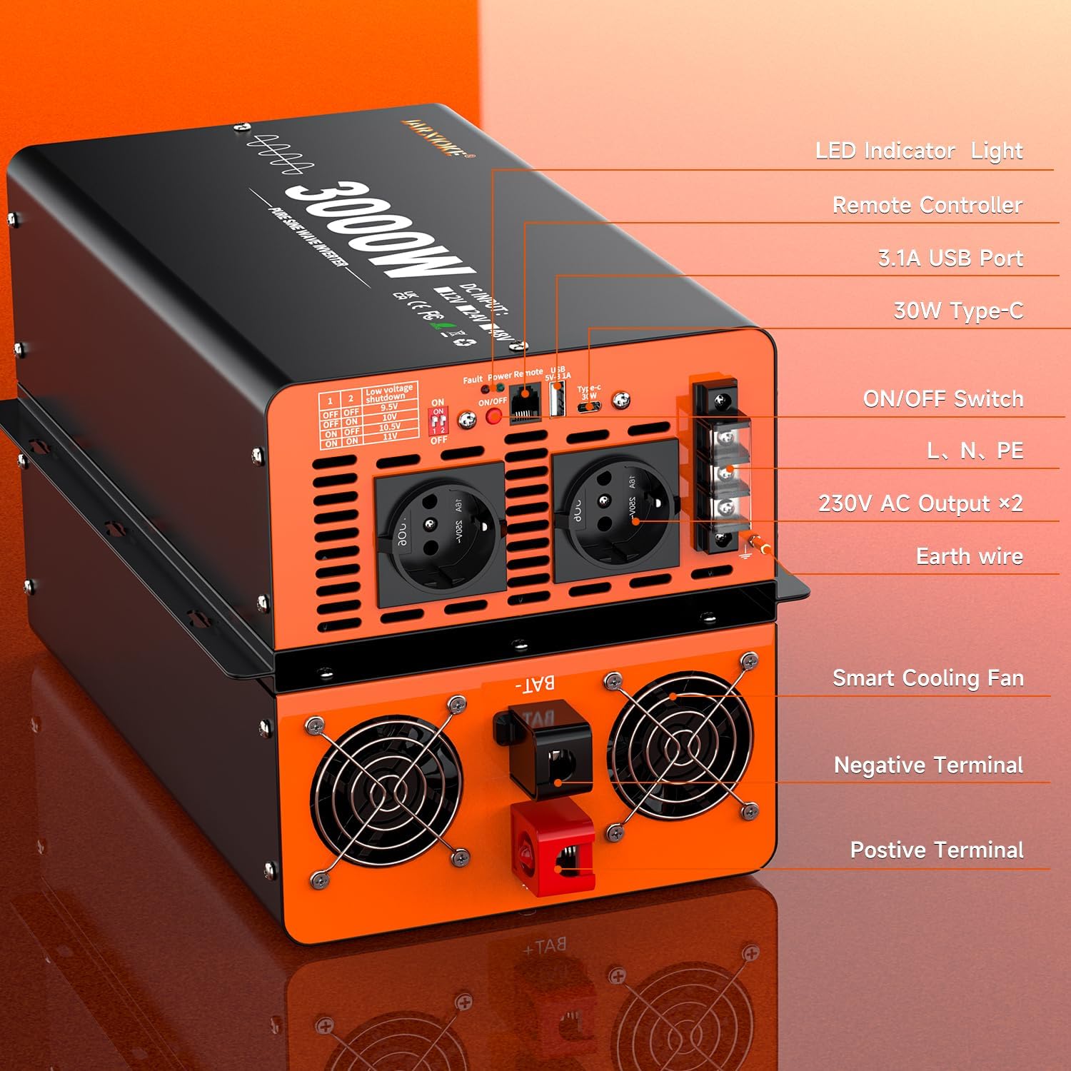 Detalle de Inverter 12V-220V a onda sinusoidale pura 3000W con LCD e telecomando (USB-A e USB-C) per batterie 9,5–11V