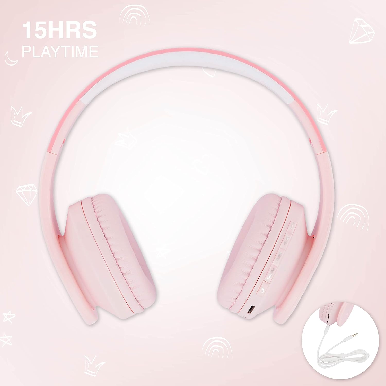 Detalle de PowerLocus Bluetooth Kids Headphones: Wireless Over-Ear (85dB) with Microphone and SD/TF