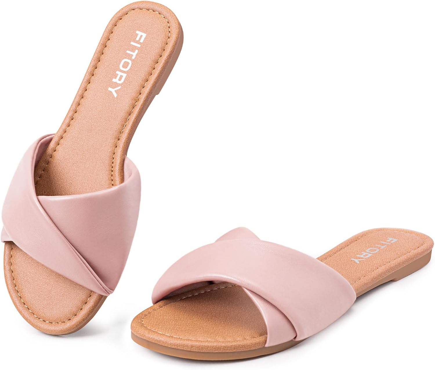 Detalle de FITORY Women's Flat Sandals Fashion Slides with Soft Leather-Look Comfort, Summer Size 6-11