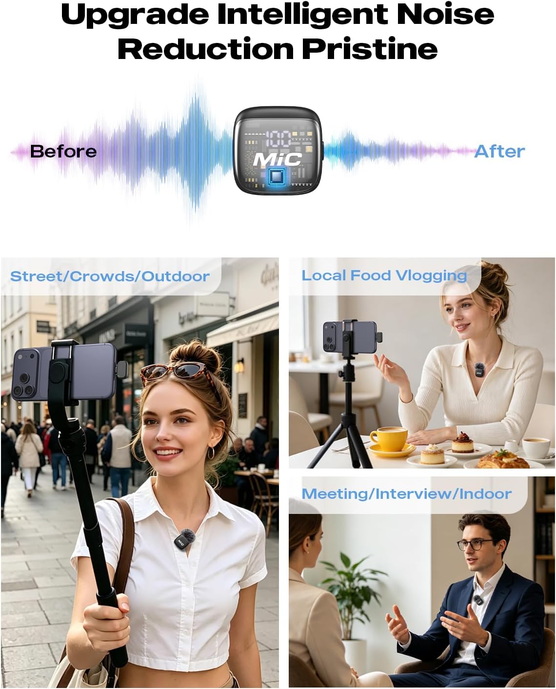 Detalle de WARM BOX WB-WLMJN1-WHITE Wireless Lavalier Microphone, 2-Pack with Noise Reduction
