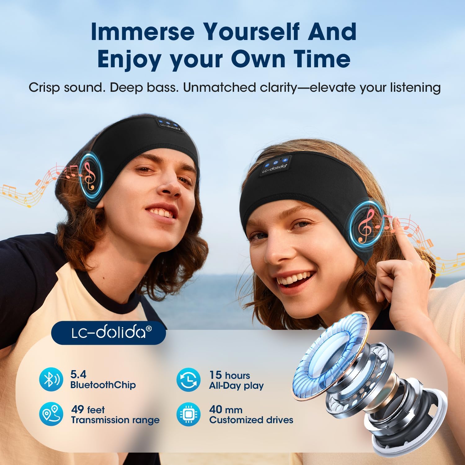 Detalle de LC-dolida Schlafkopfhörer Stirnband Bluetooth 6-in-1 – Schlaf-, Sport- und Alltagskopfhörer