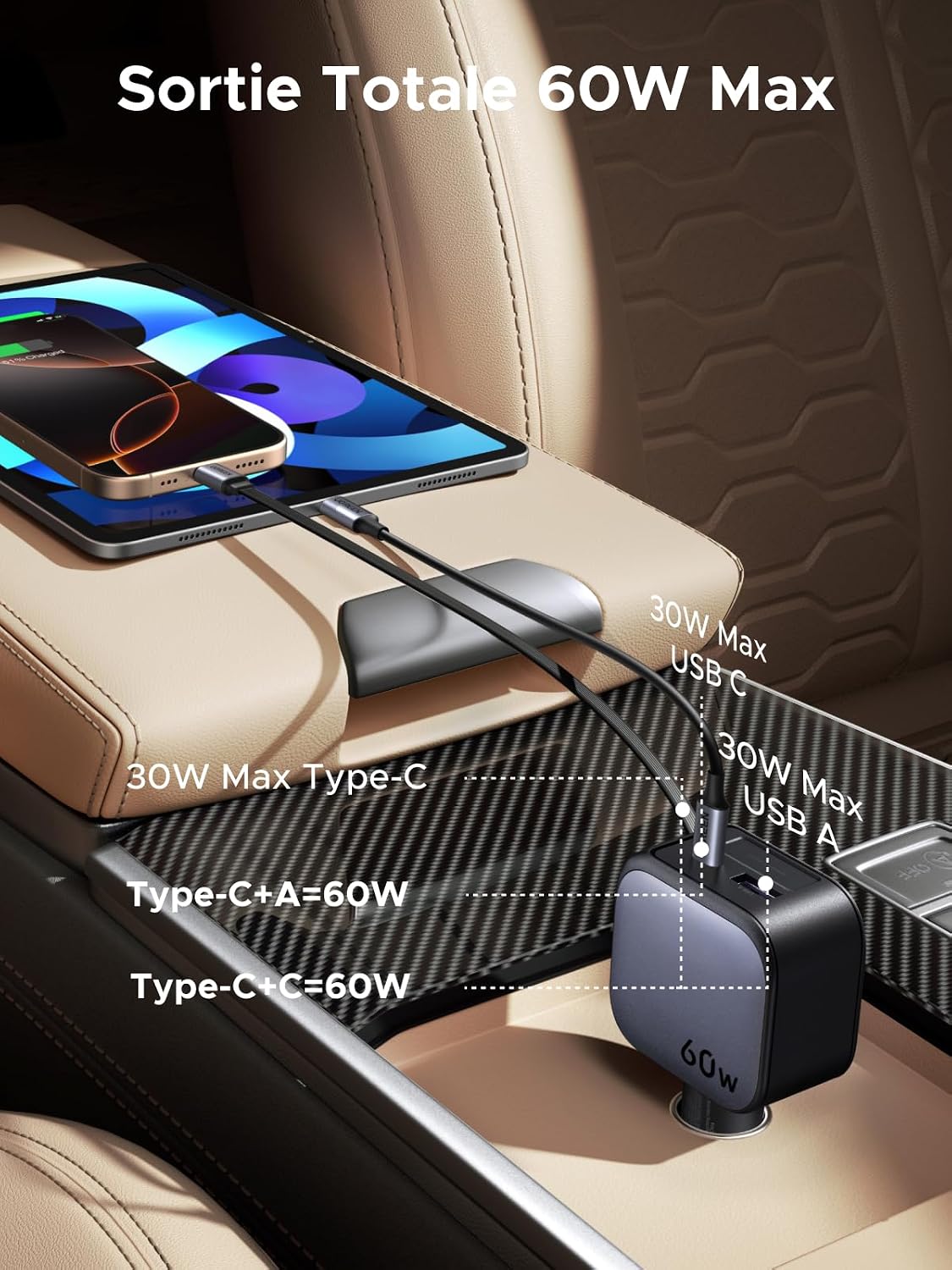 Thumbnail 1 de UGREEN Nexode 60W Chargeur Allume Cigare USB-C Rétractable — Charge rapide pour voiture