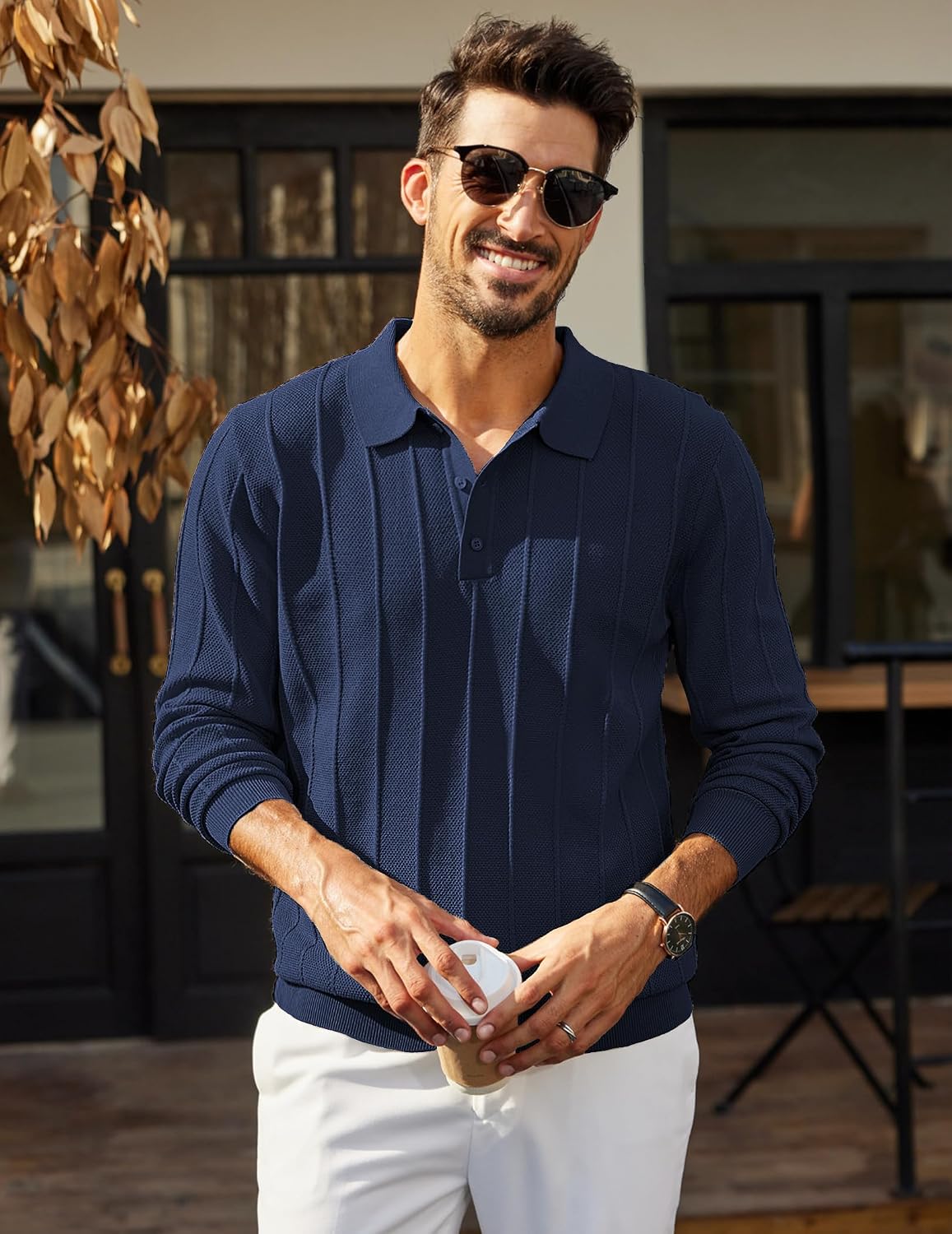 Detalle de COOFANDY Men's Knit Polo Sweater, Long Sleeve with 3-Button Collar