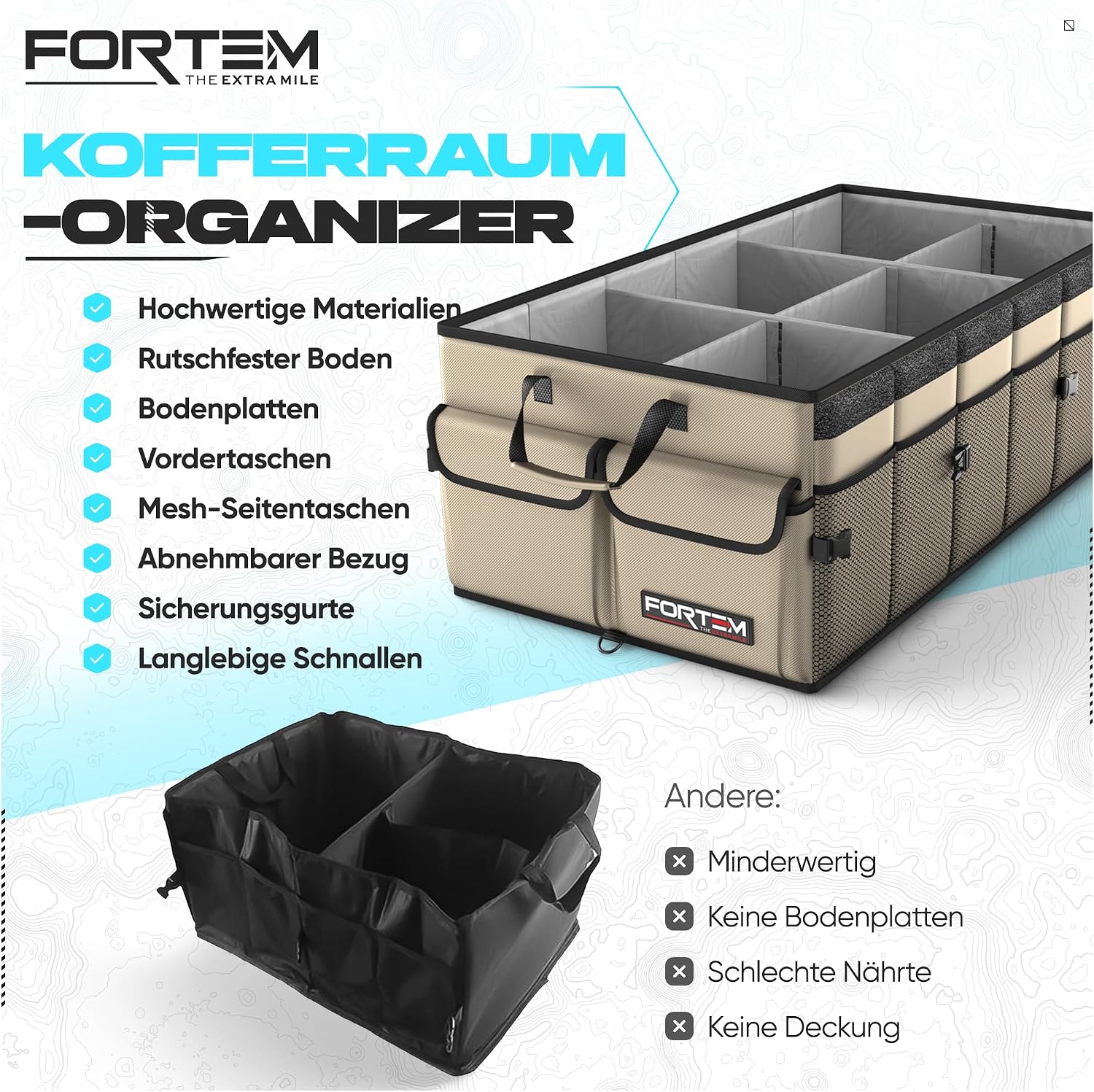 Thumbnail 6 de FORTEM Kofferraum Organizer (Kofferraumtasche) mit klappbarem Deckel – beige